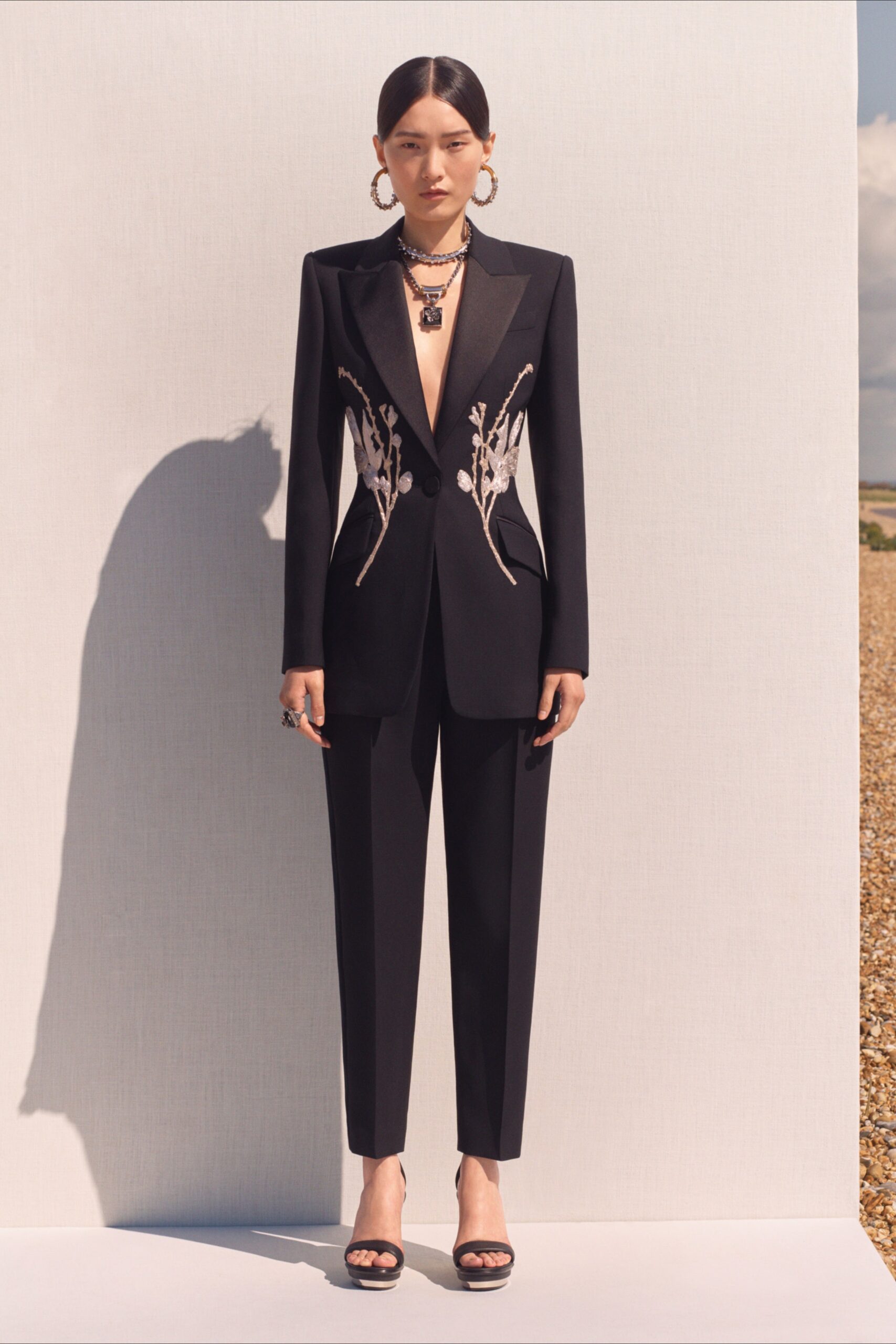 black wool long-sleeve v-neck tailored embroidered suit
