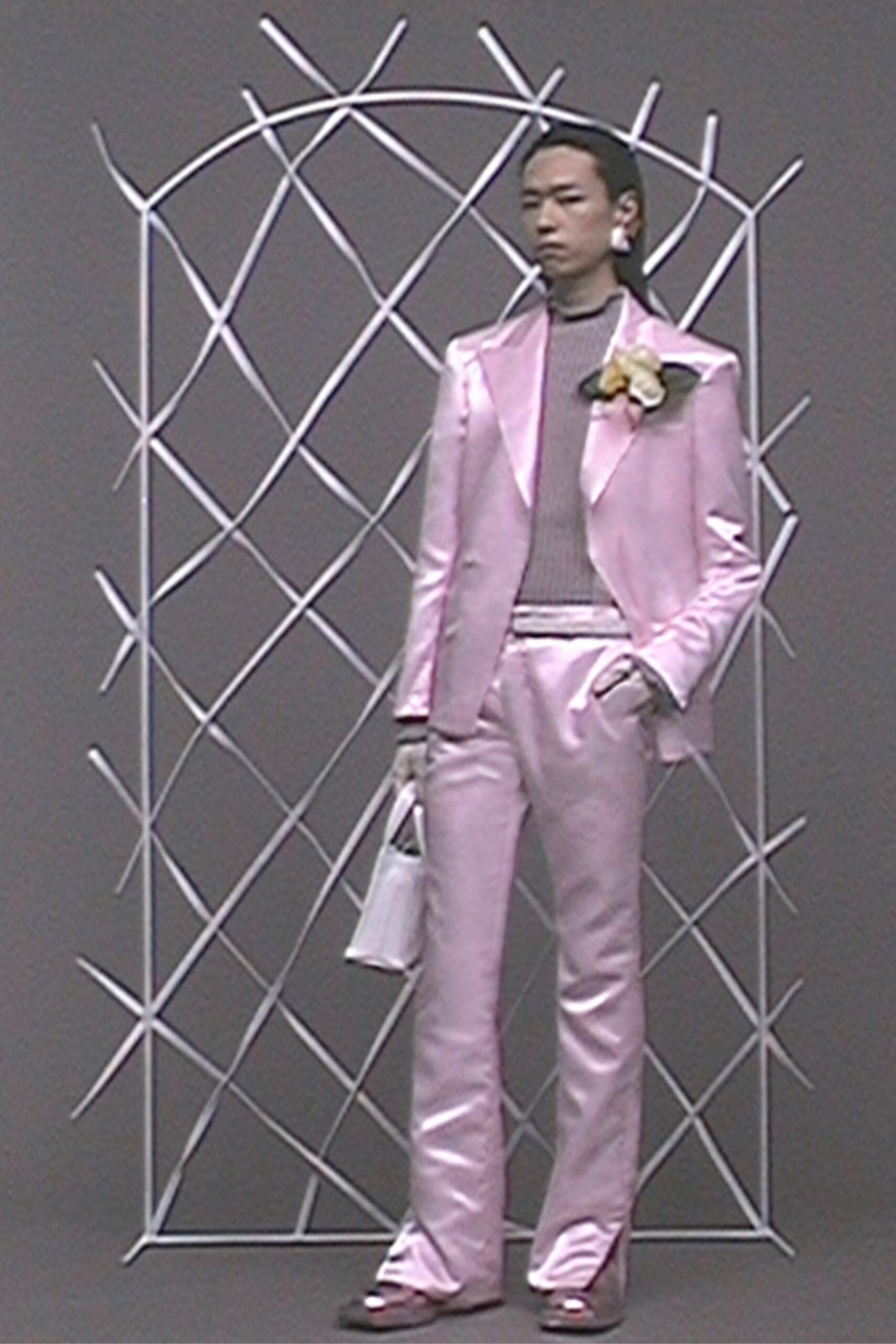 pink satin tailored suit