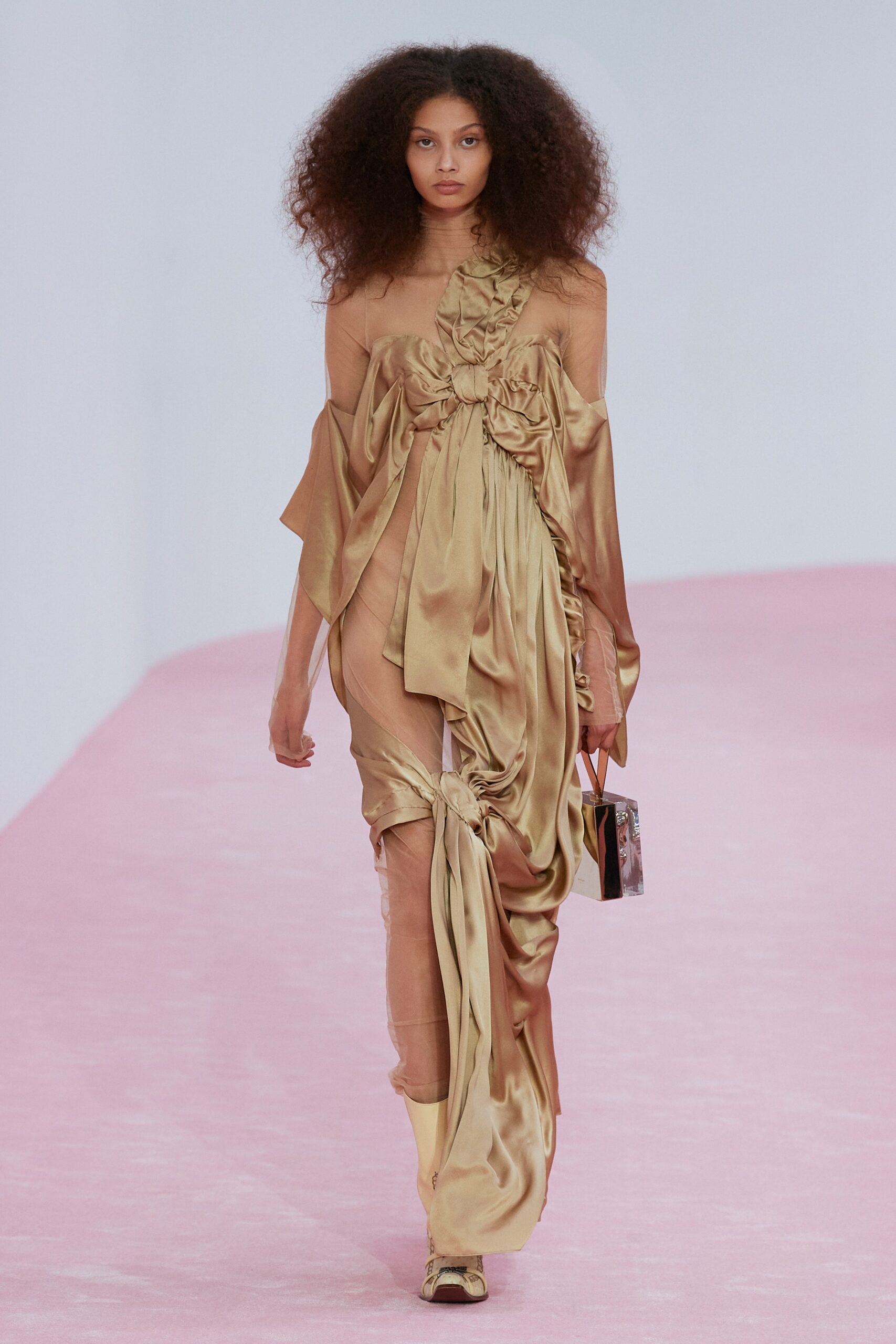gold silk off-shoulder gown