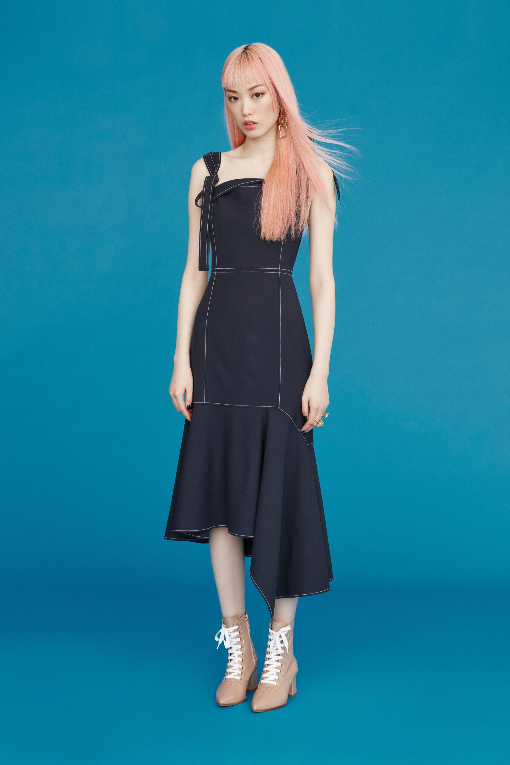 blue fitted asymmetric midi dress