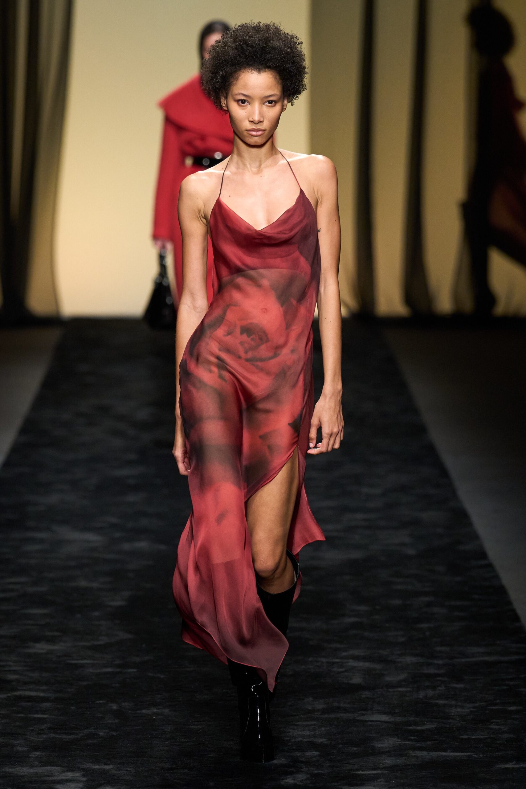 fitted red silk dress