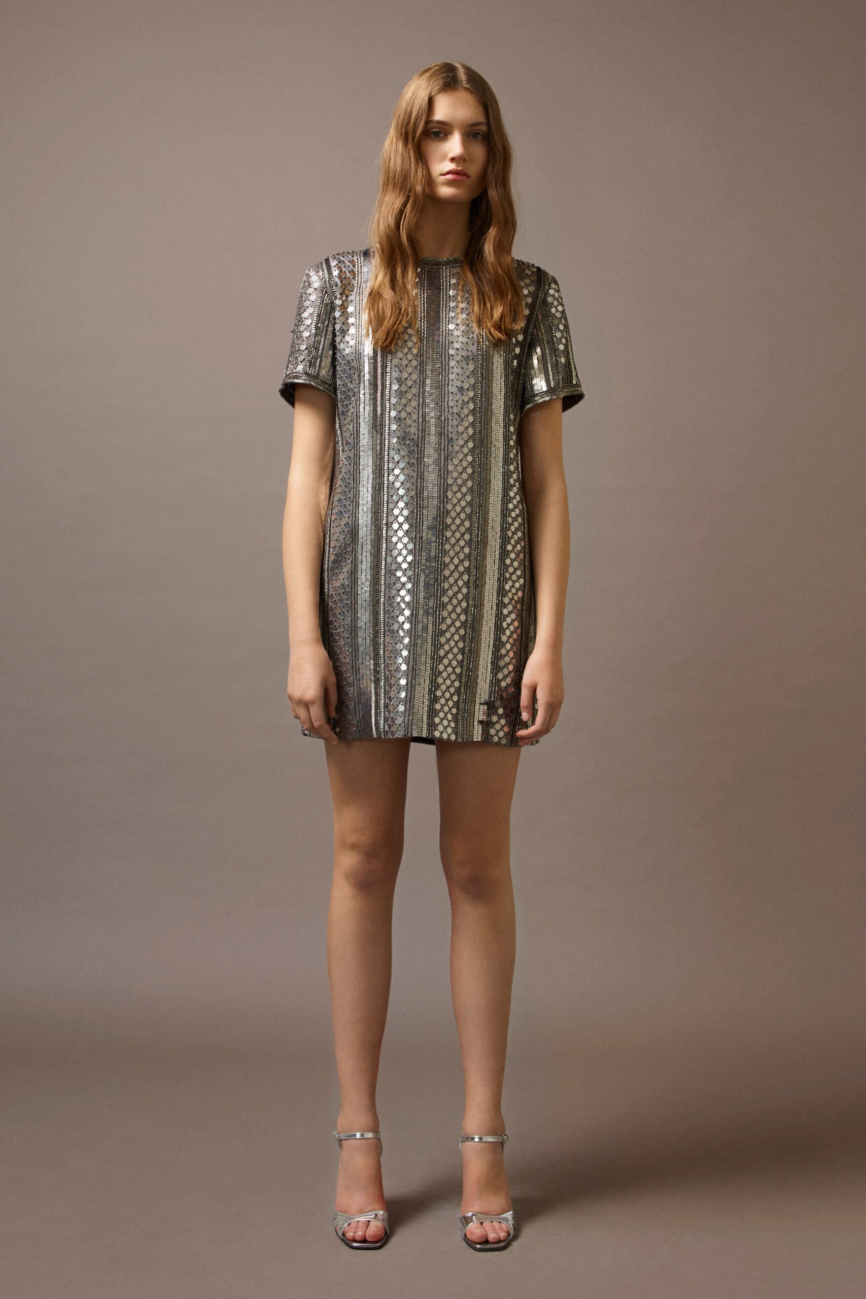 fitted silver metallic mini dress