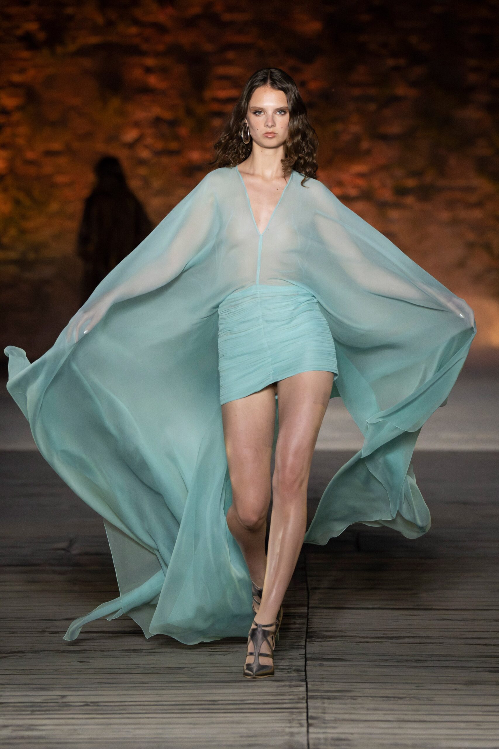 blue chiffon dress with cape