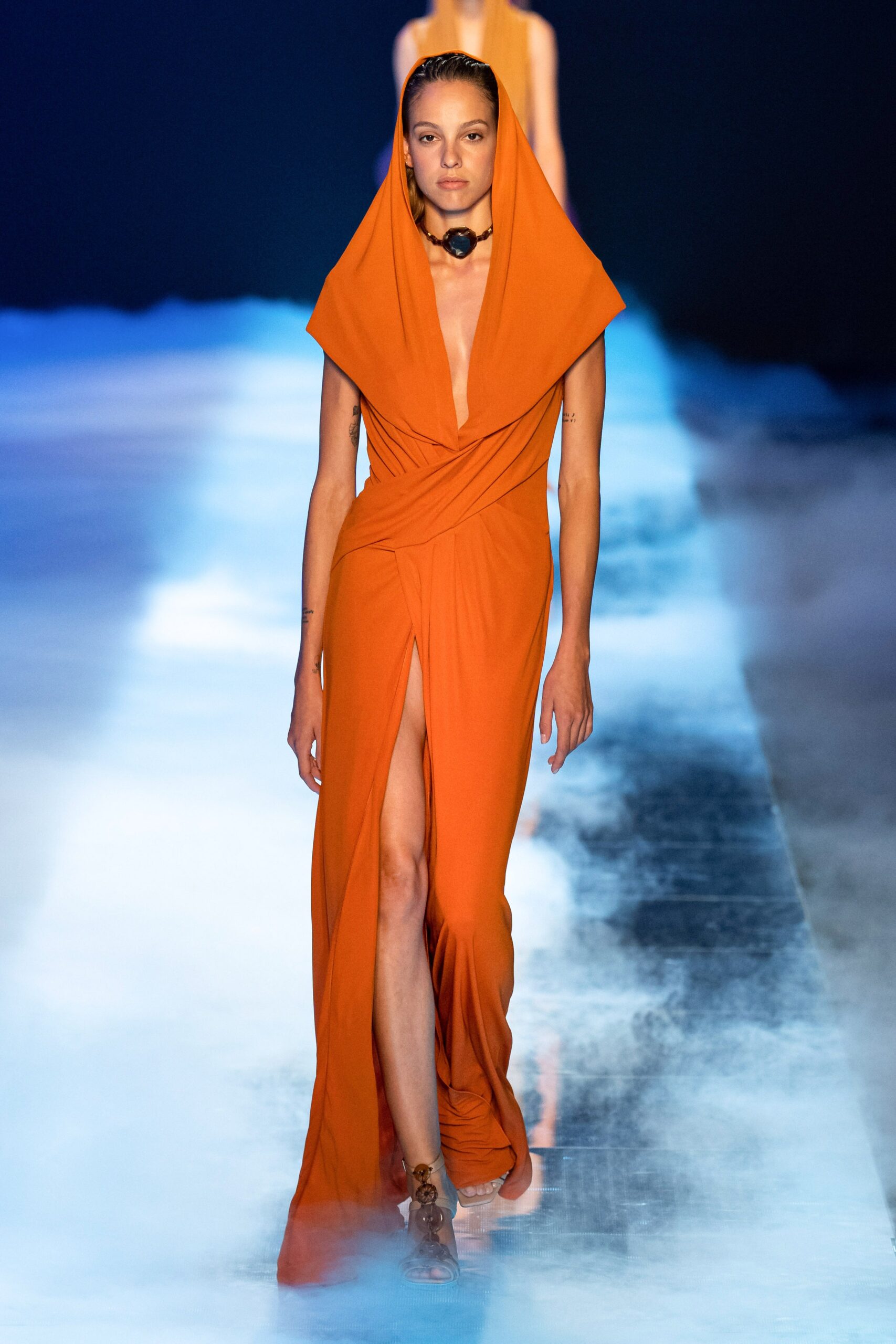 fitted orange draped gown
