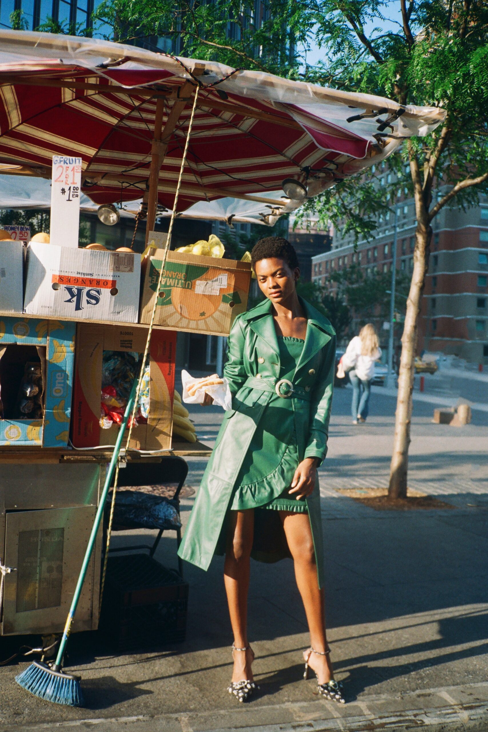 green leather long-sleeve collared fitted belted midi trench