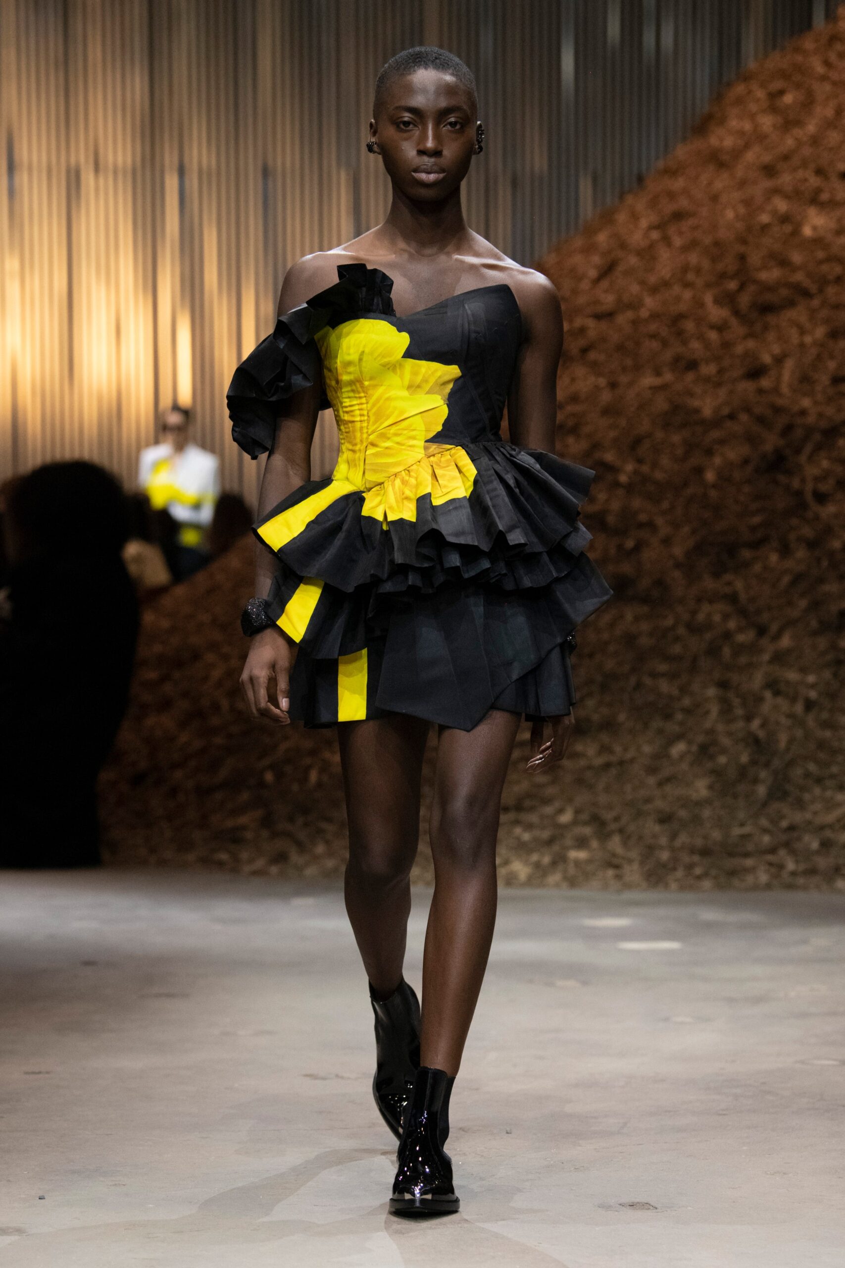 black and yellow ruffled mini dress