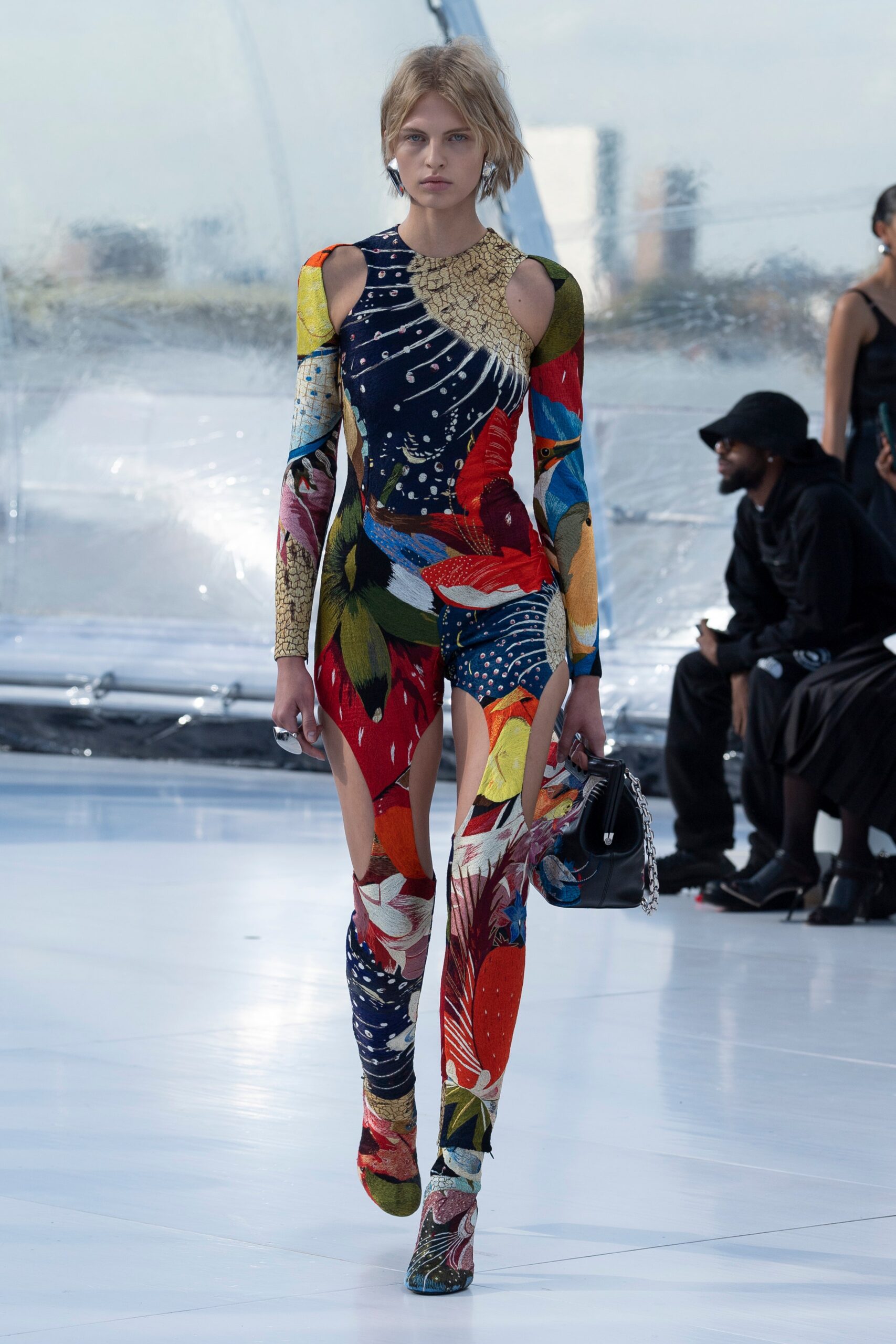 multi-colored fitted catsuit