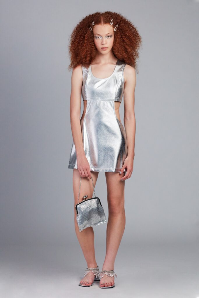 fitted silver metallic mini dress
