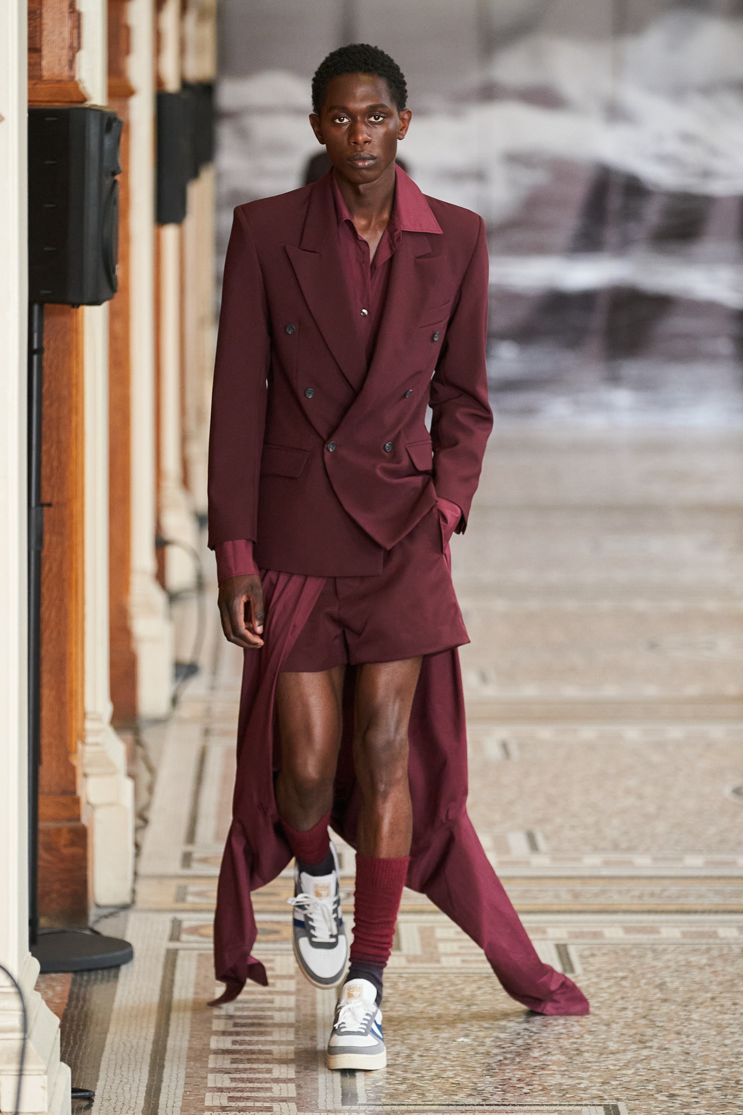 maroon fitted suit with shorts