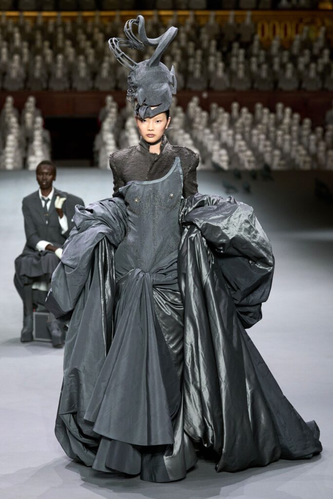 black silk draped gown with hat