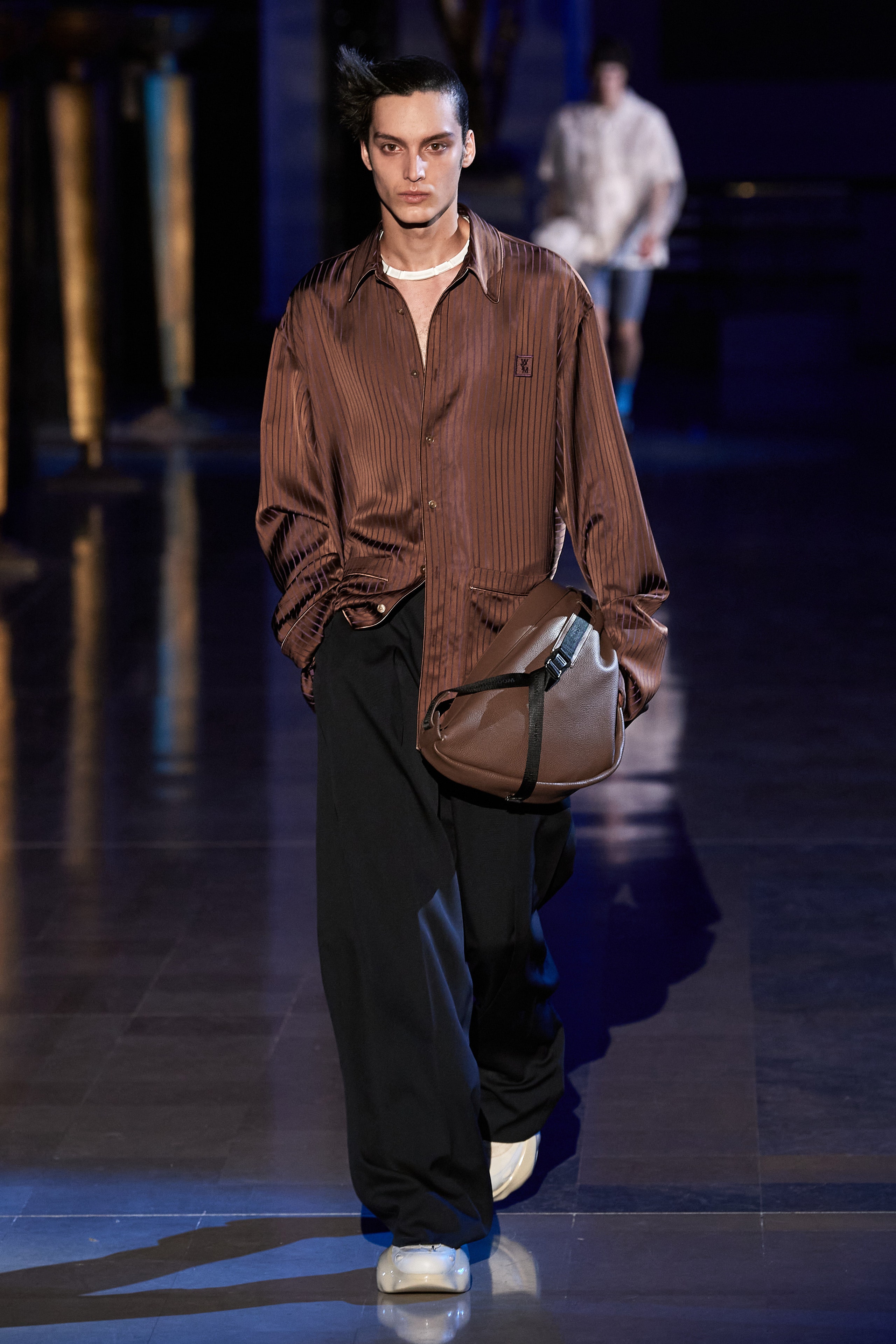 brown silk relaxed shirt with black pants