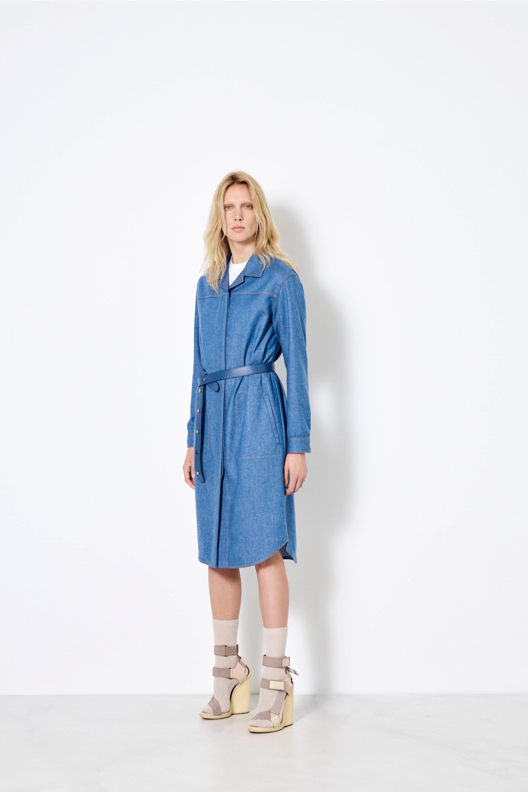 blue cotton belted midi dress