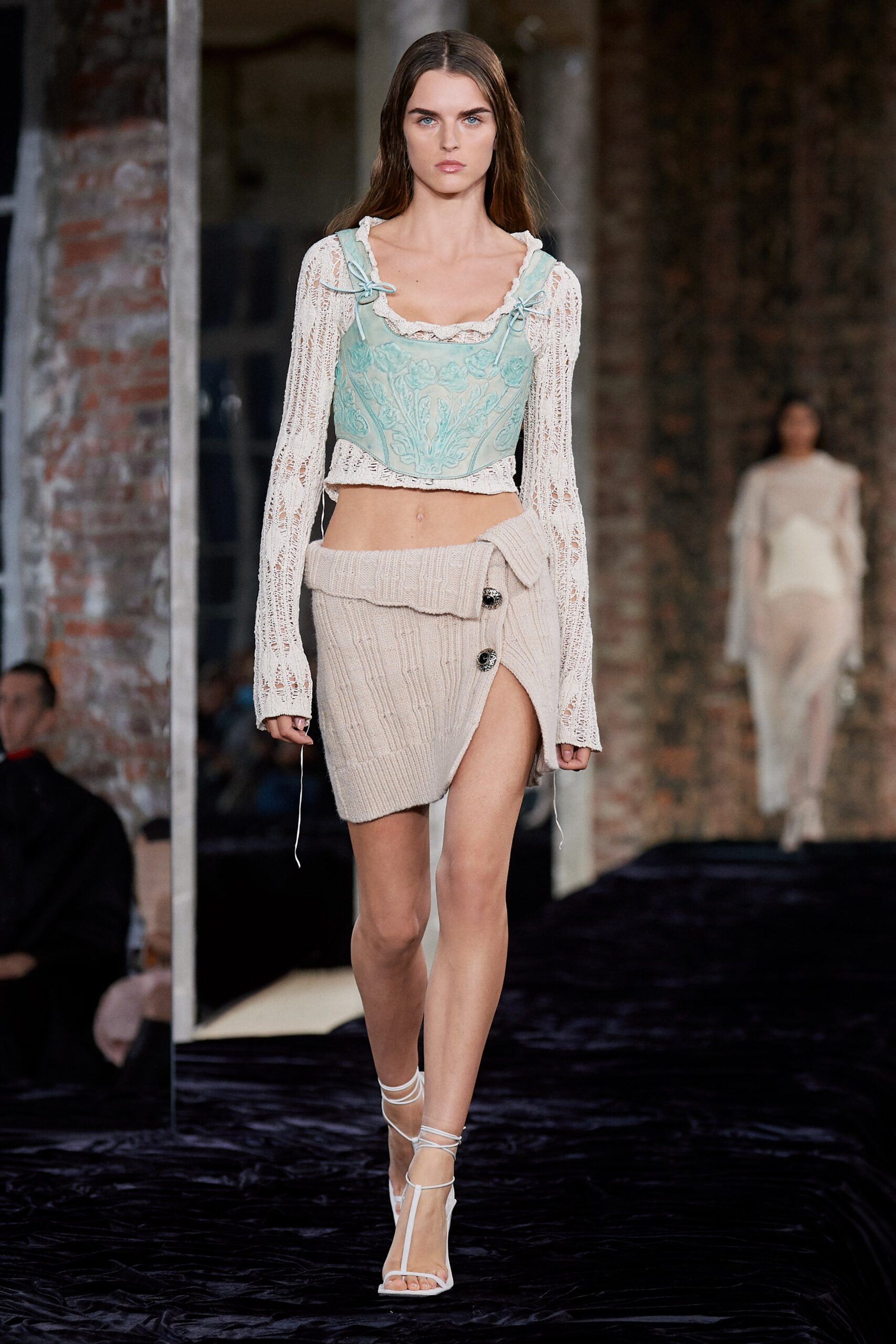 blue lace top and beige knit skirt