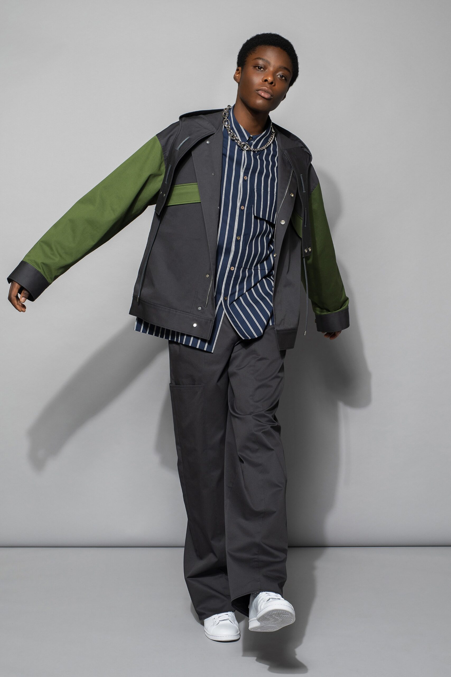 relaxed black and green jacket with striped shirt