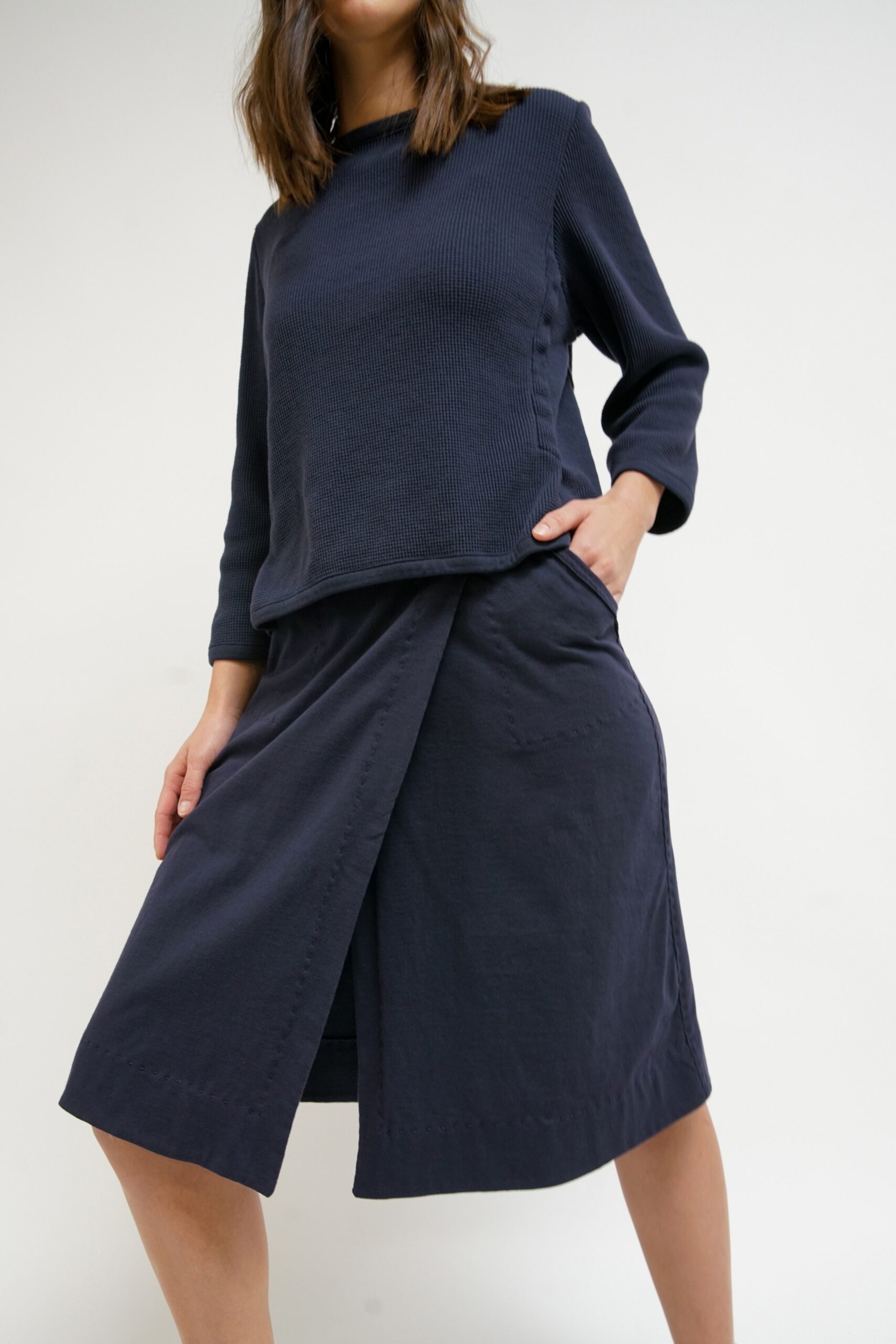 blue relaxed top with midi skirt