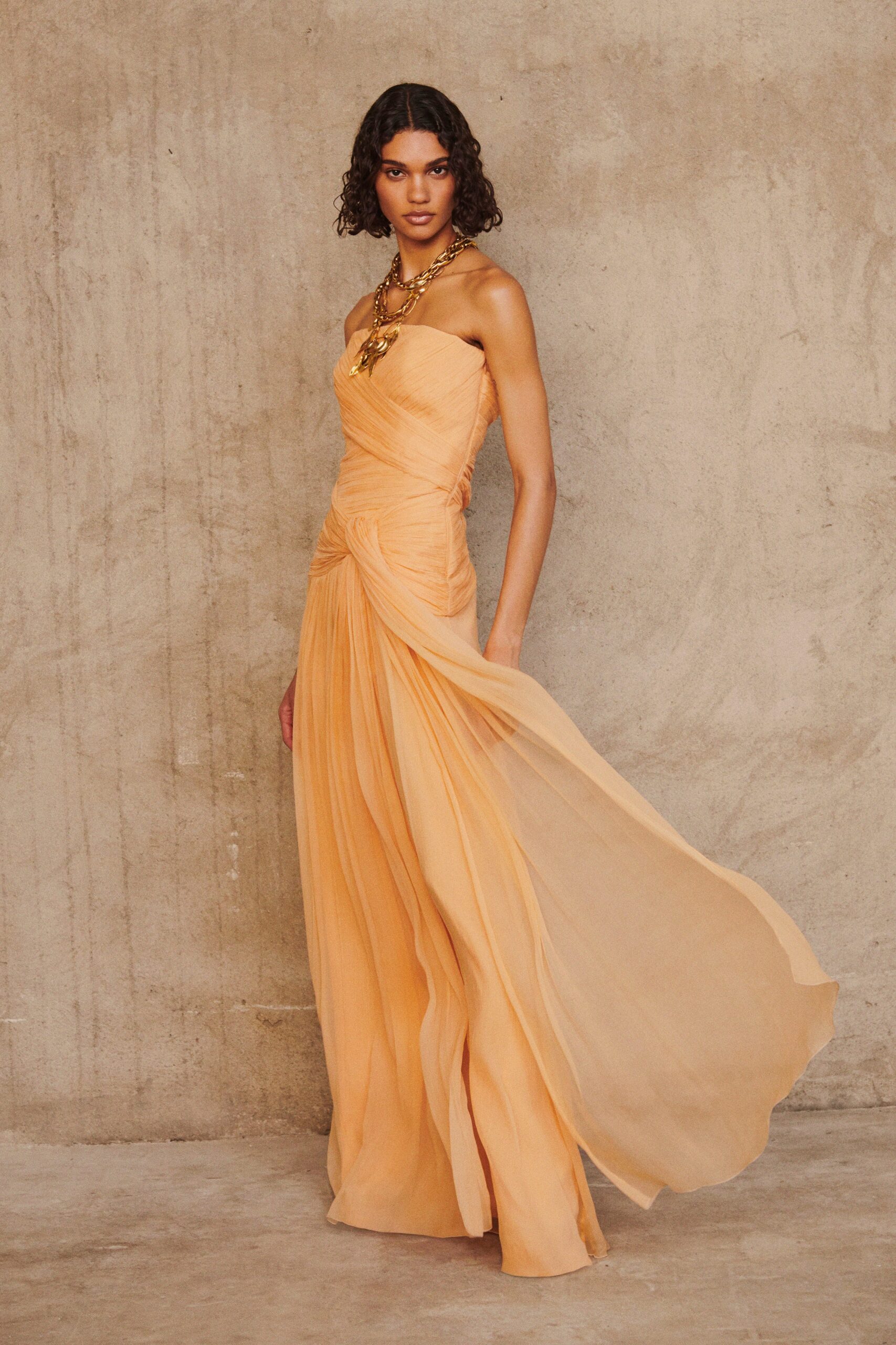orange chiffon strapless gown