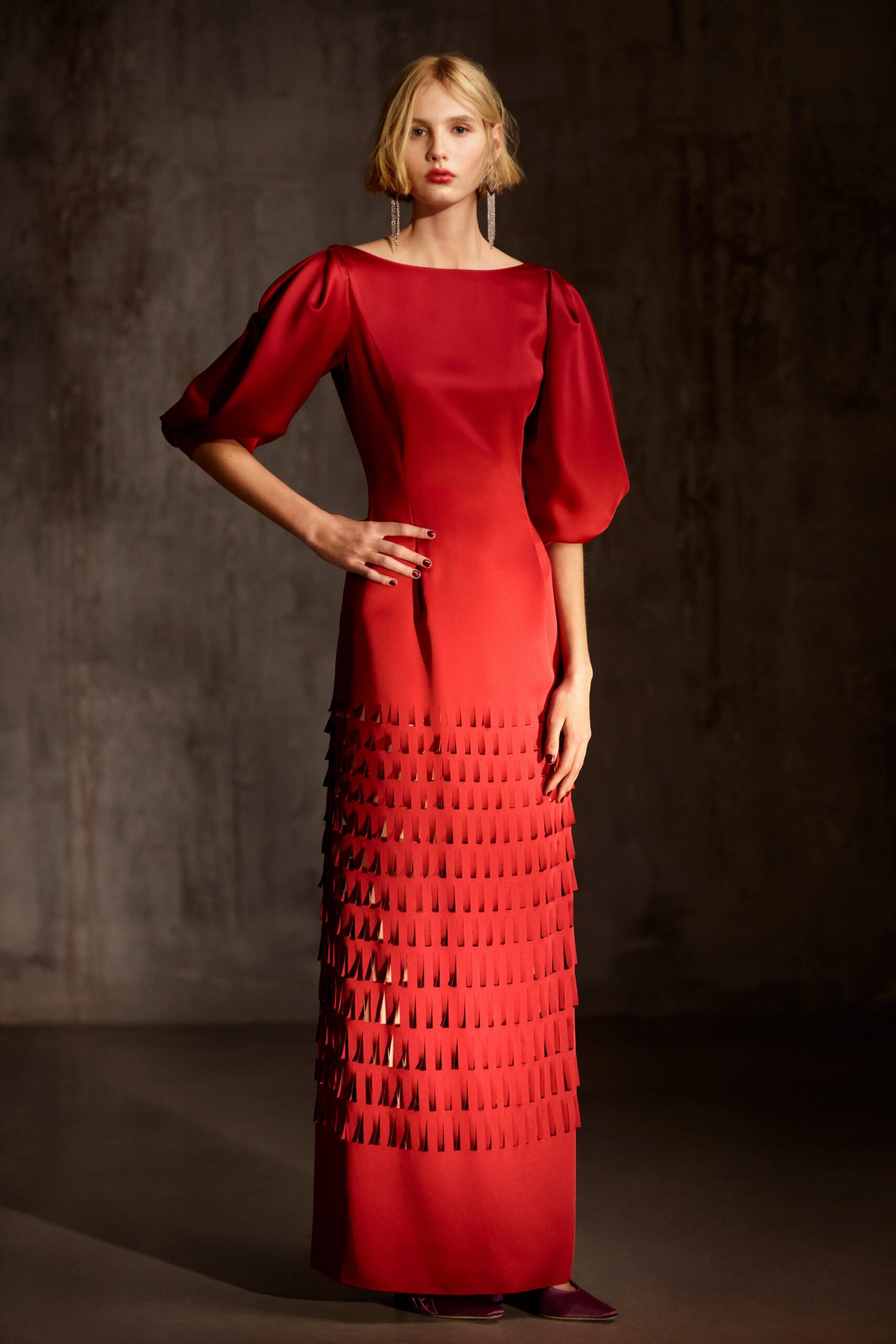 red silk fitted gown