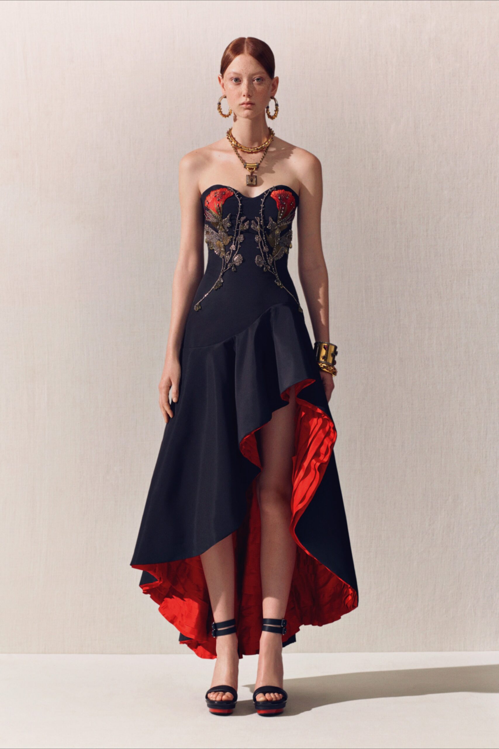 black silk strapless embroidered dress