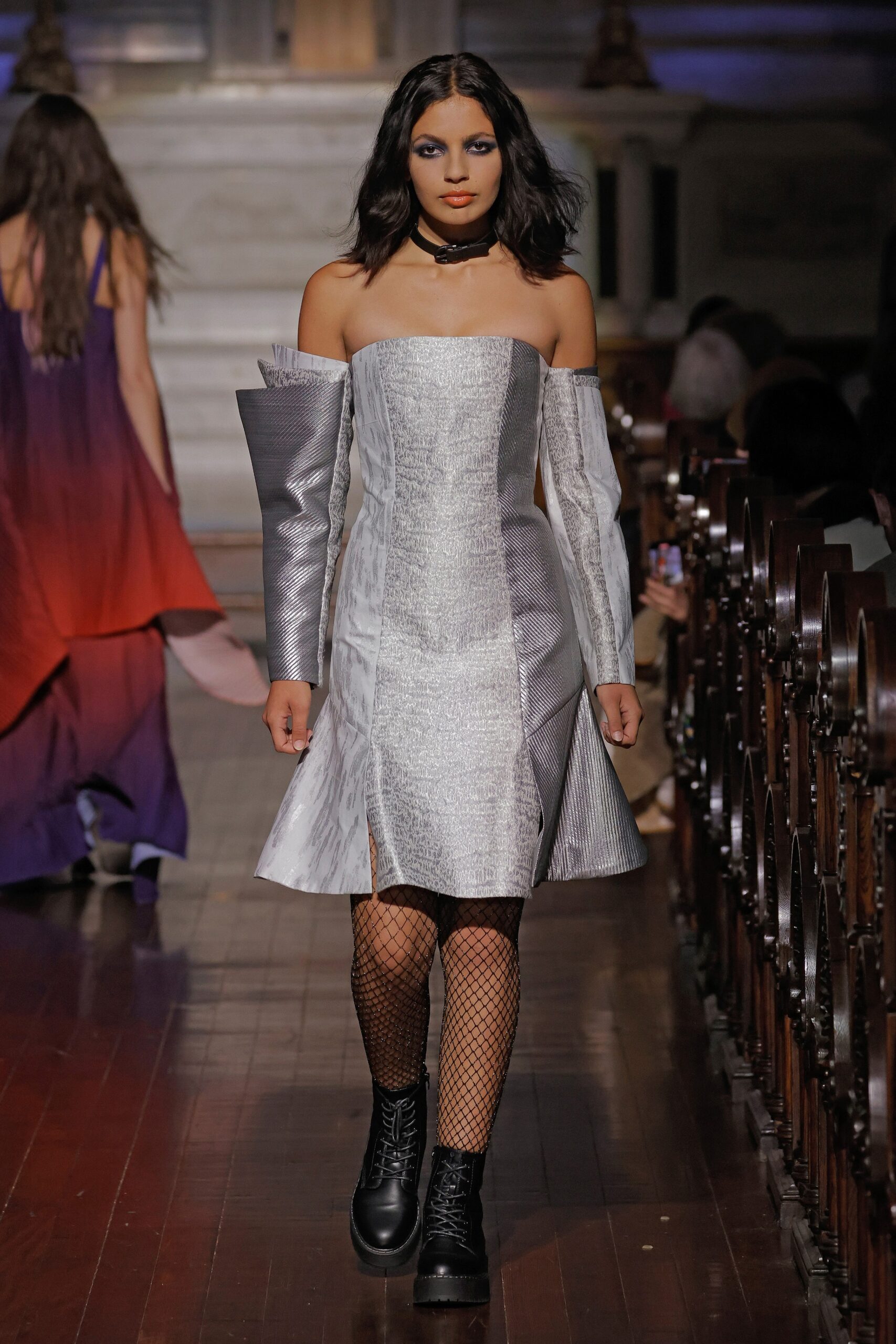 gray metallic sleeveless off-shoulder fitted structured shiny dress