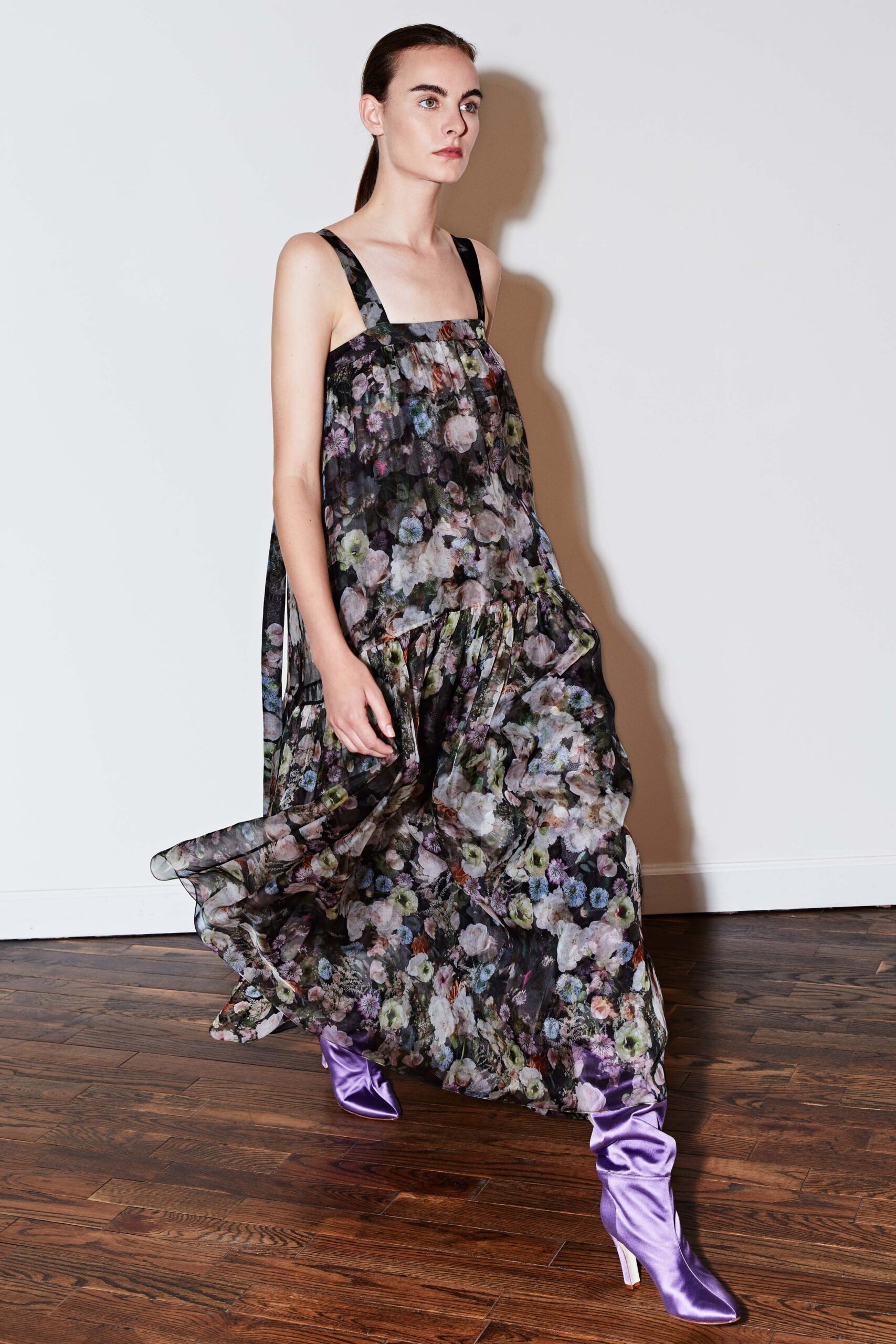 relaxed black floral maxi dress with purple boots