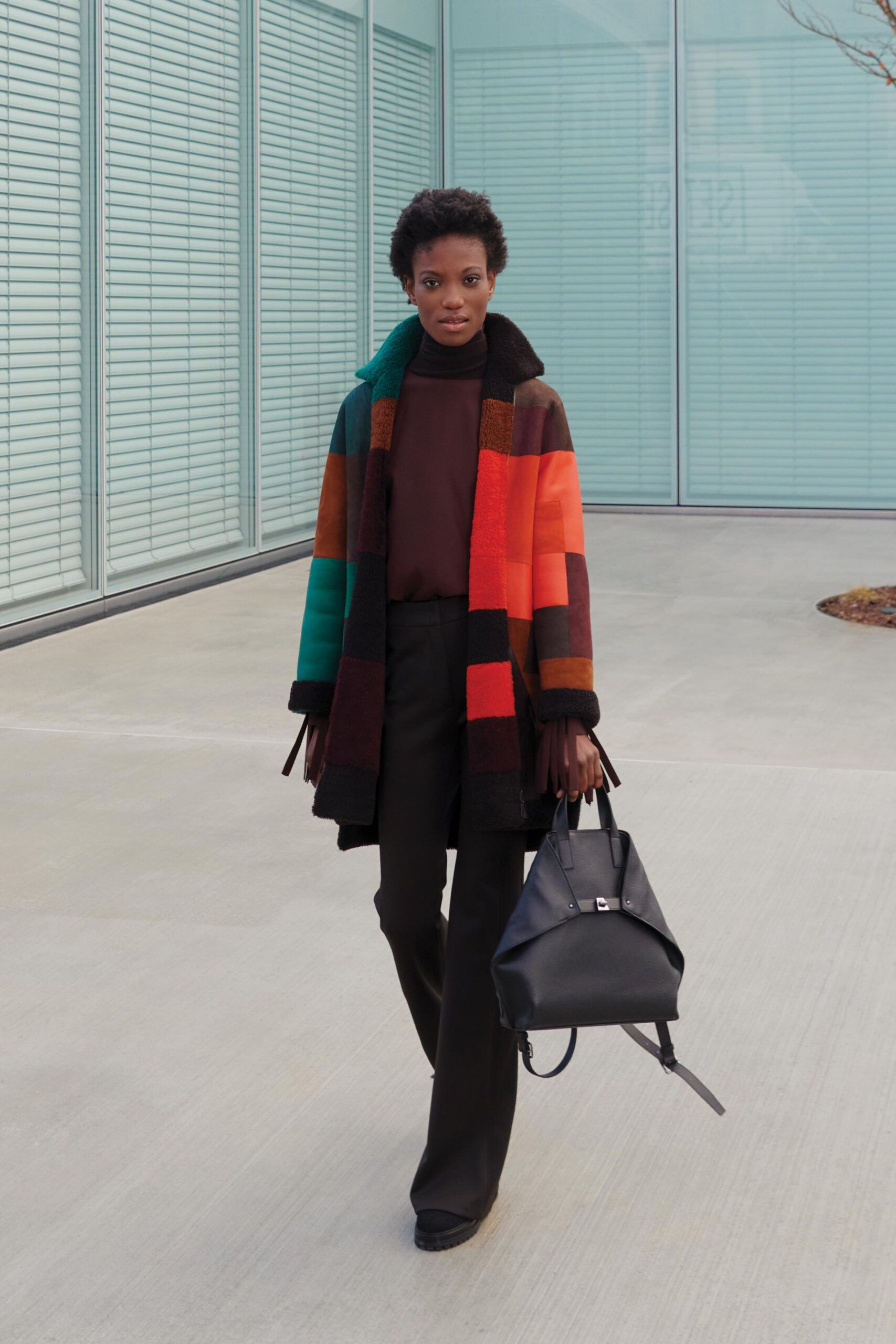 orange wool long-sleeve collared relaxed color-blocked coat