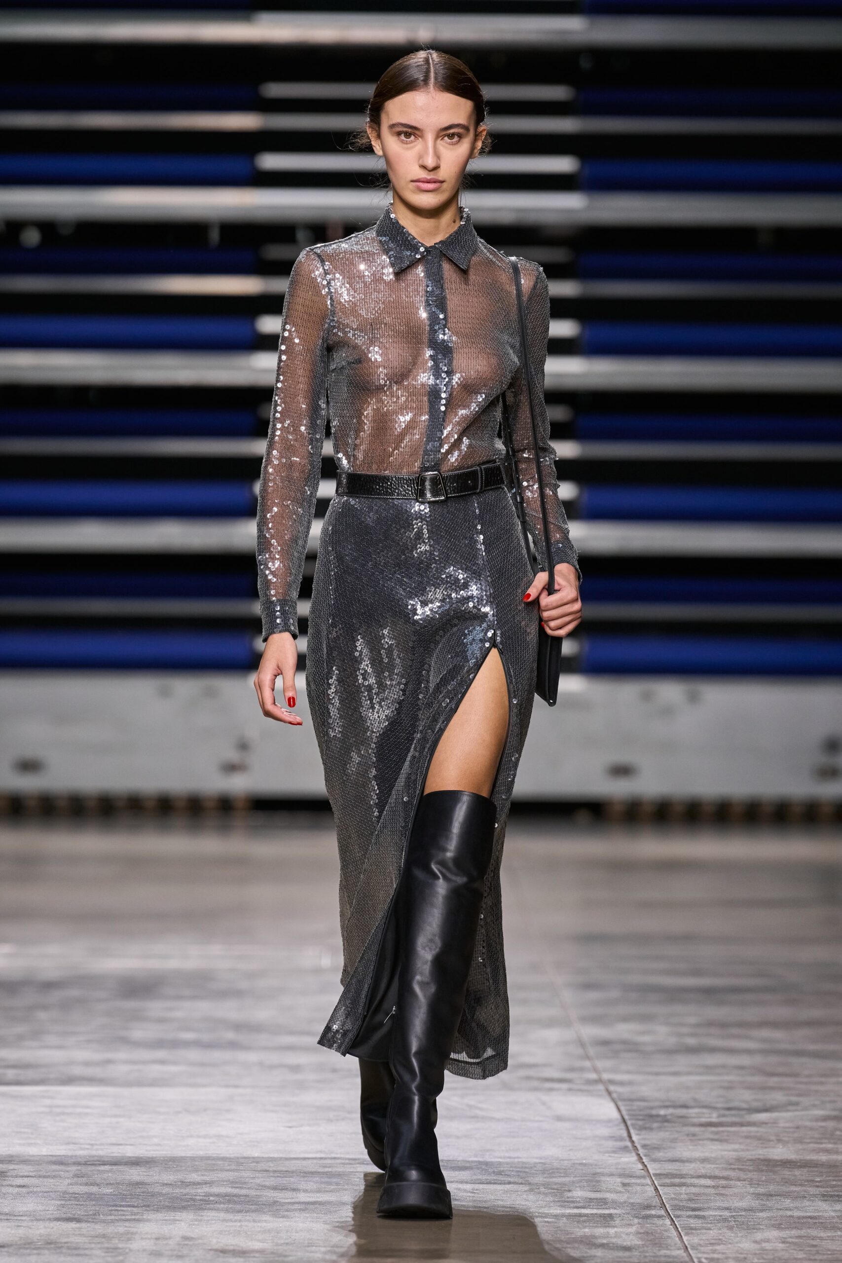 gray sequin midi dress with black boots