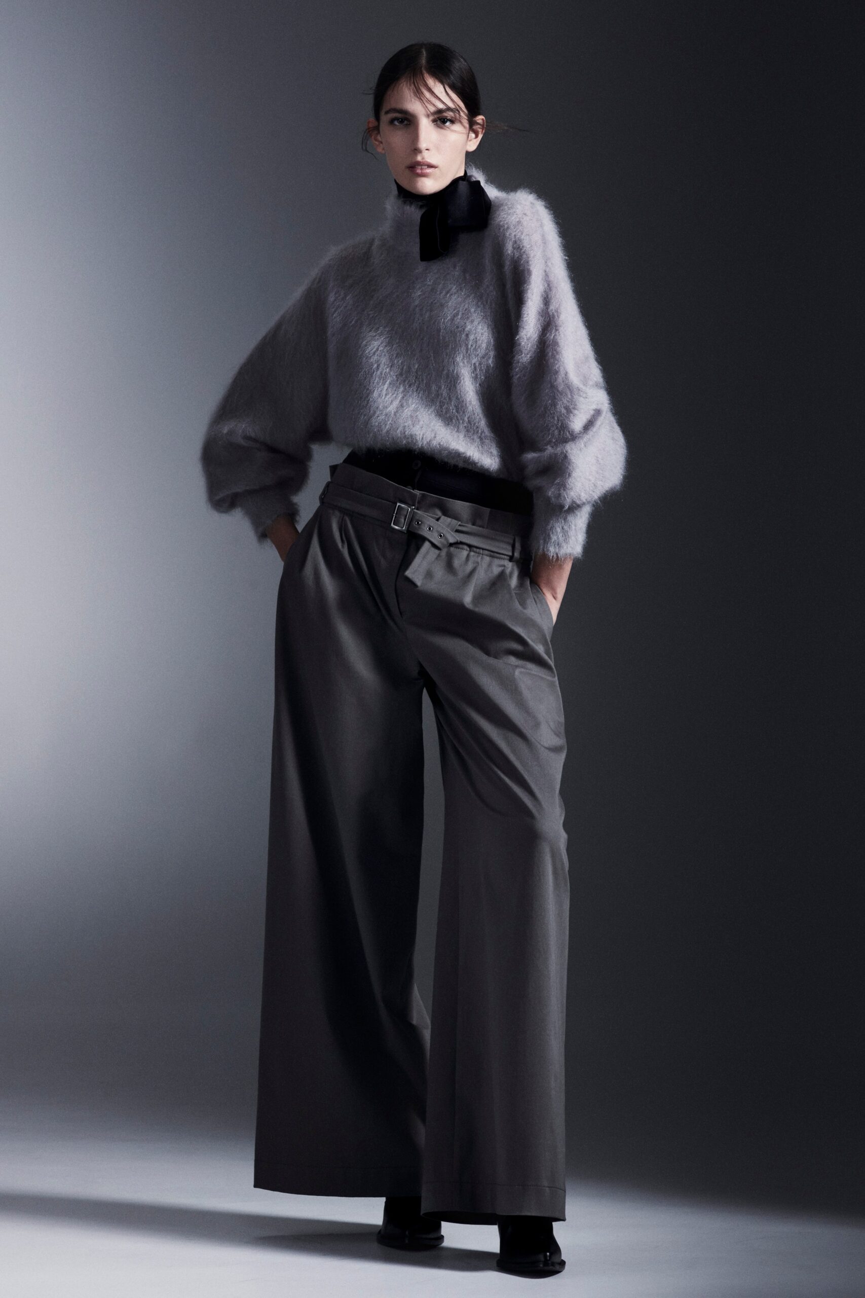 gray wool long-sleeve high-neck relaxed textured sweater