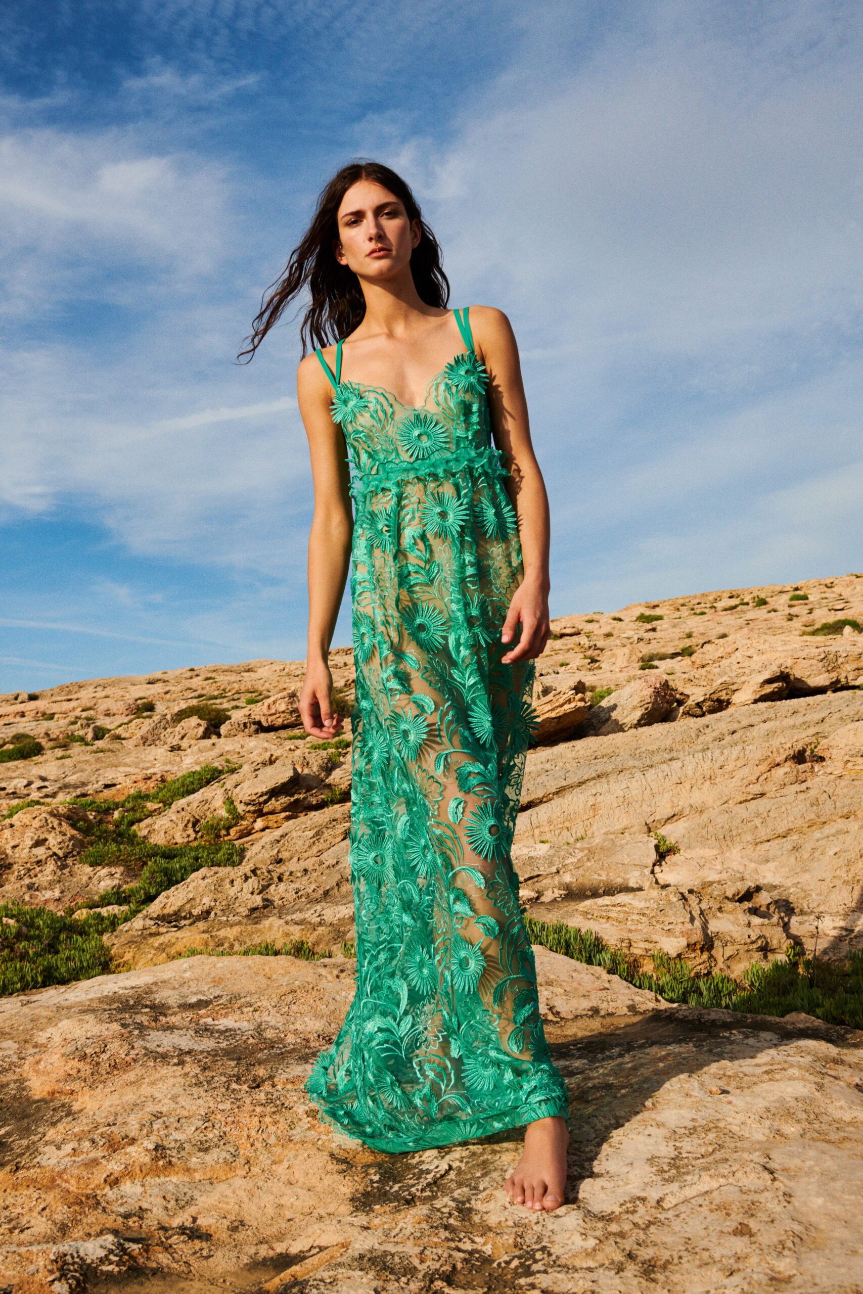 green lace embroidered maxi dress