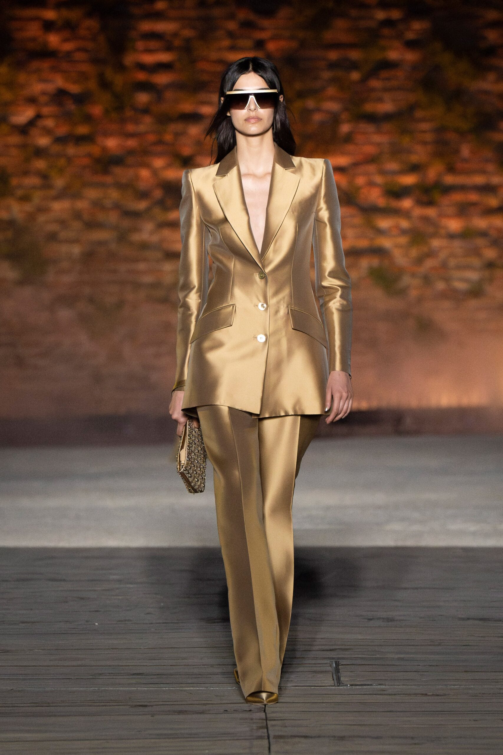 gold satin tailored suit