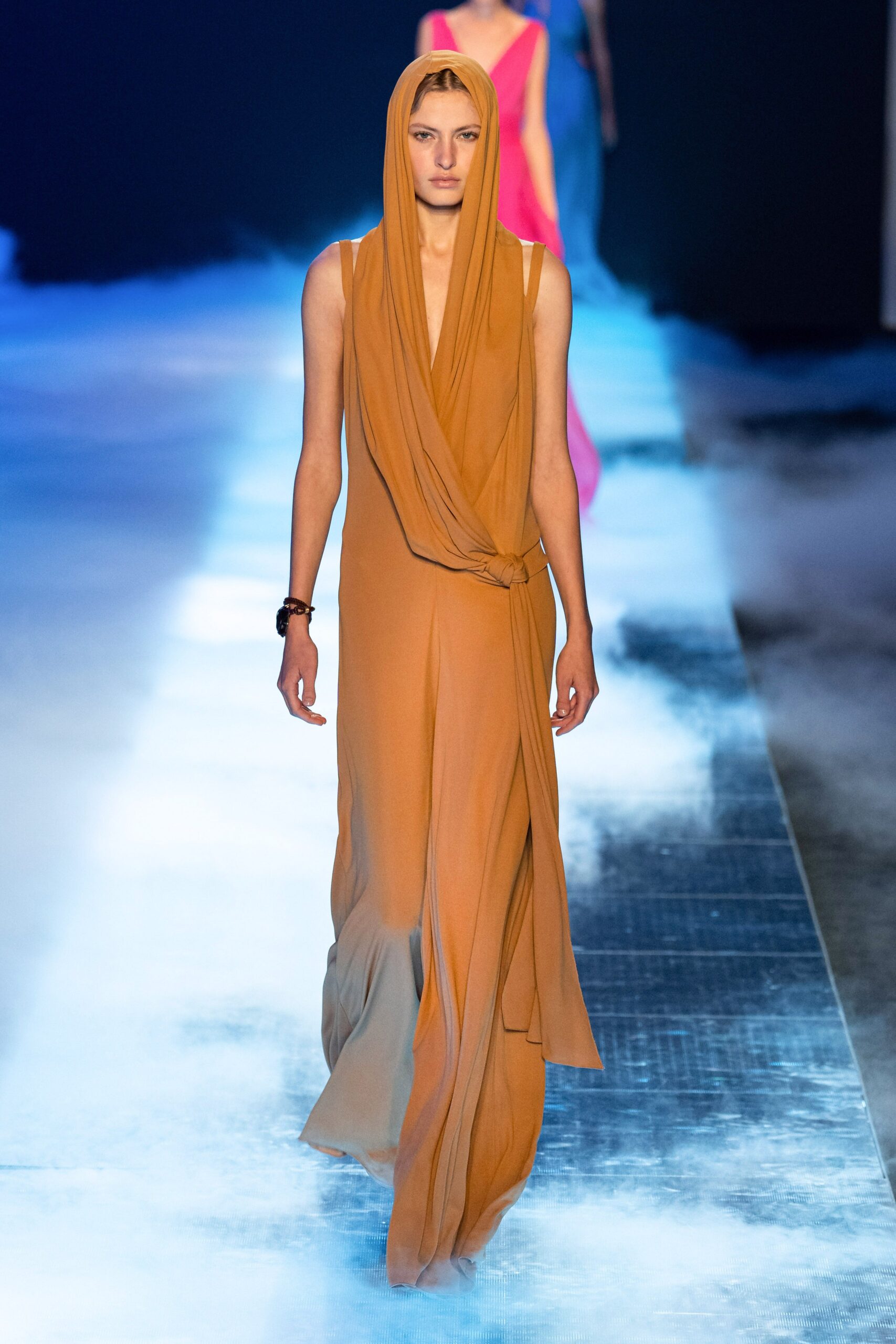 fitted orange silk gown