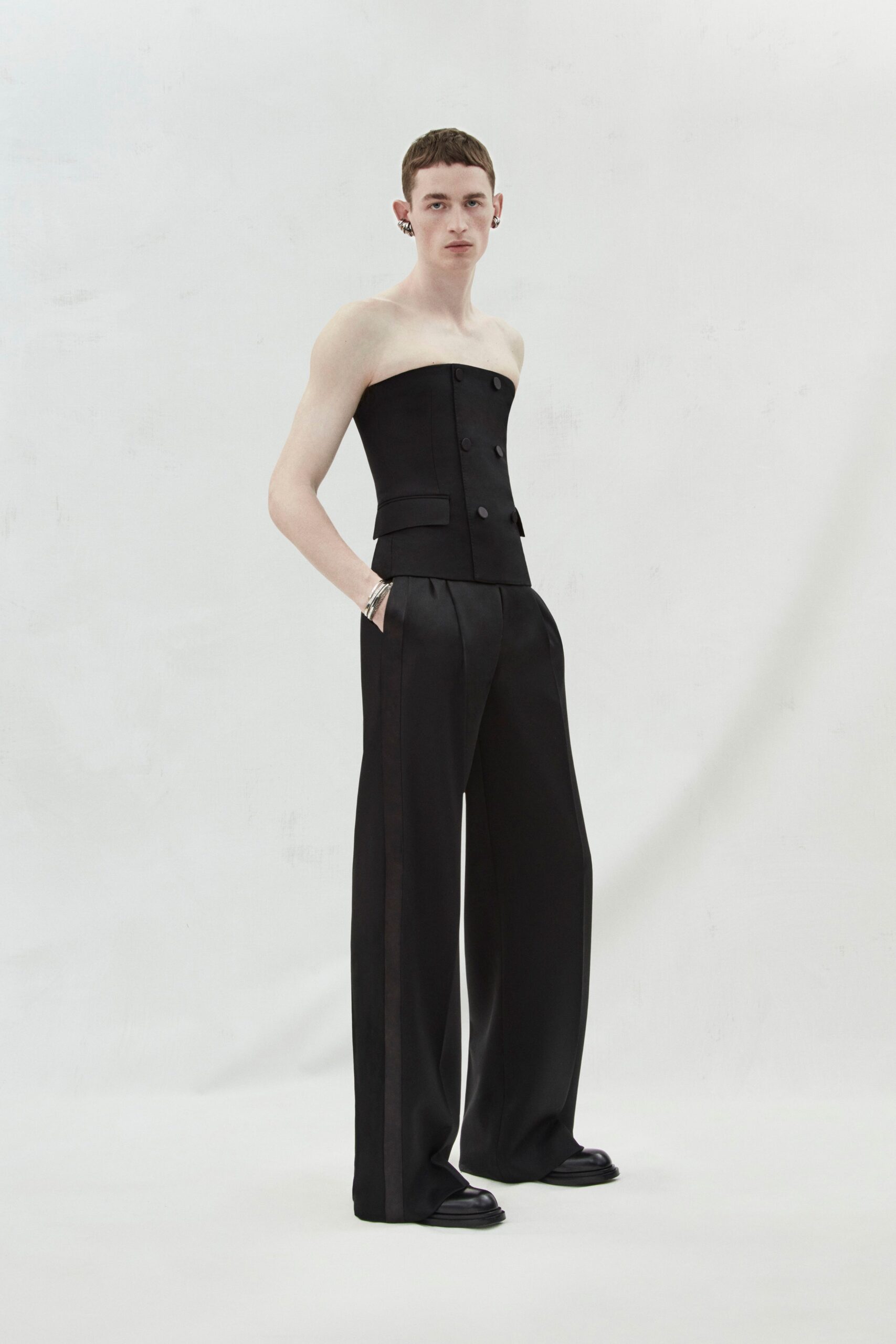 black cotton strapless collared fitted buttoned bustier