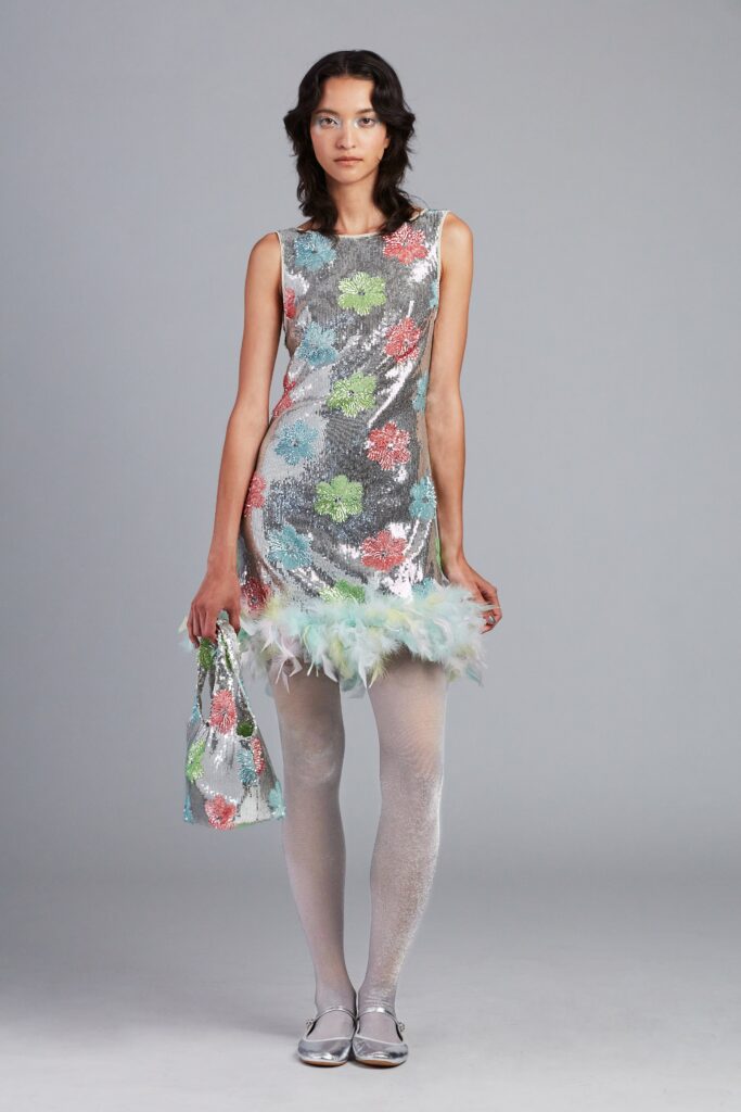 shiny silver floral mini dress