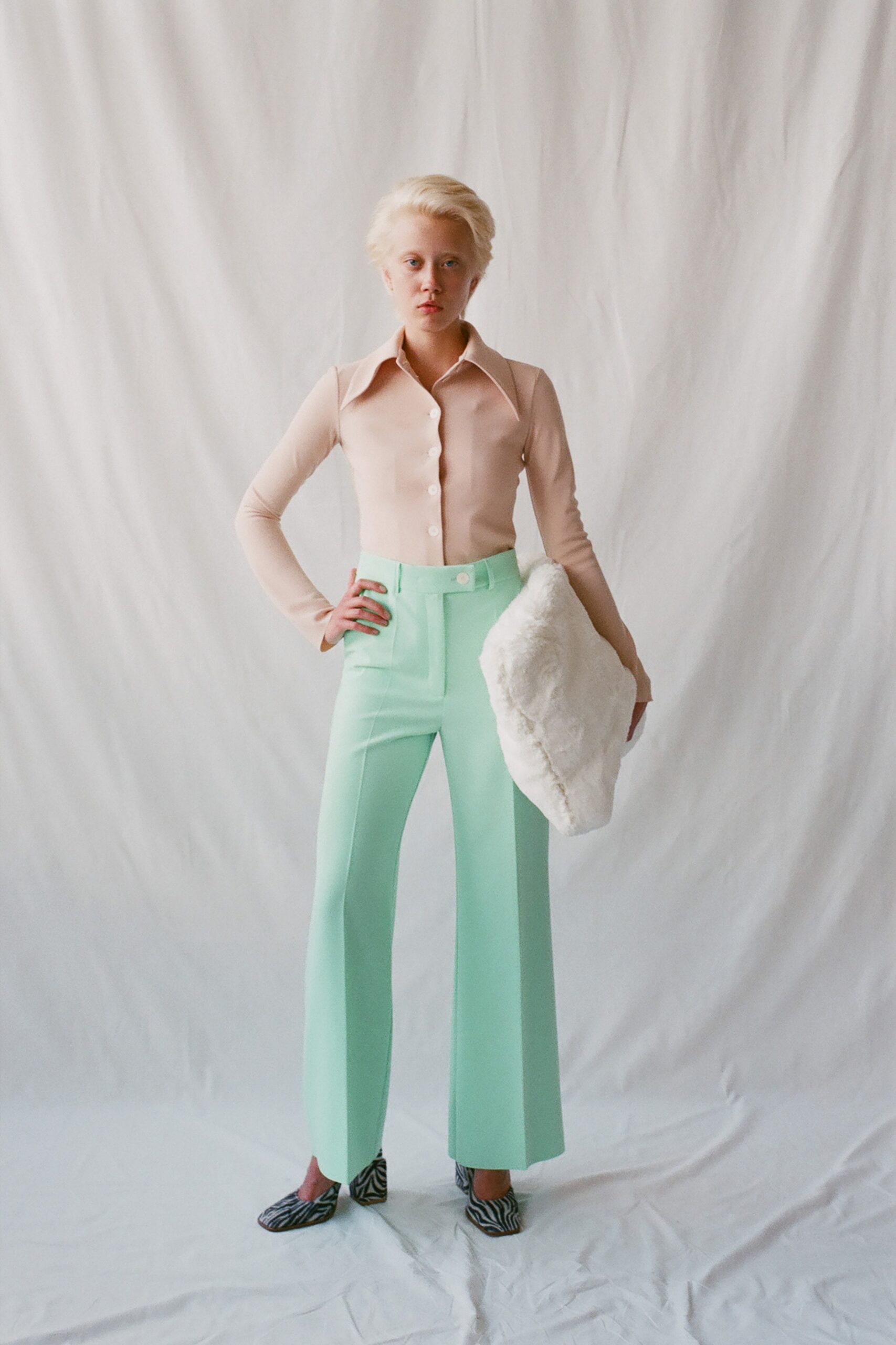 green cotton tailored high-waisted flared pants