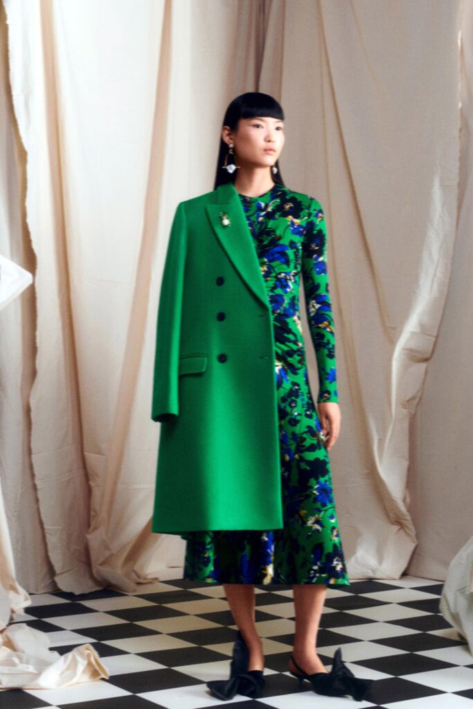 blue green printed midi dress with coat