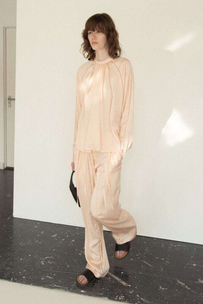 peach silk relaxed top and pants