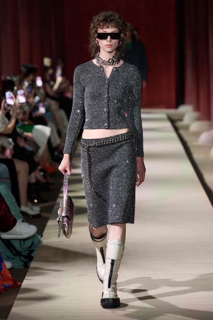 fitted gray knit top and skirt