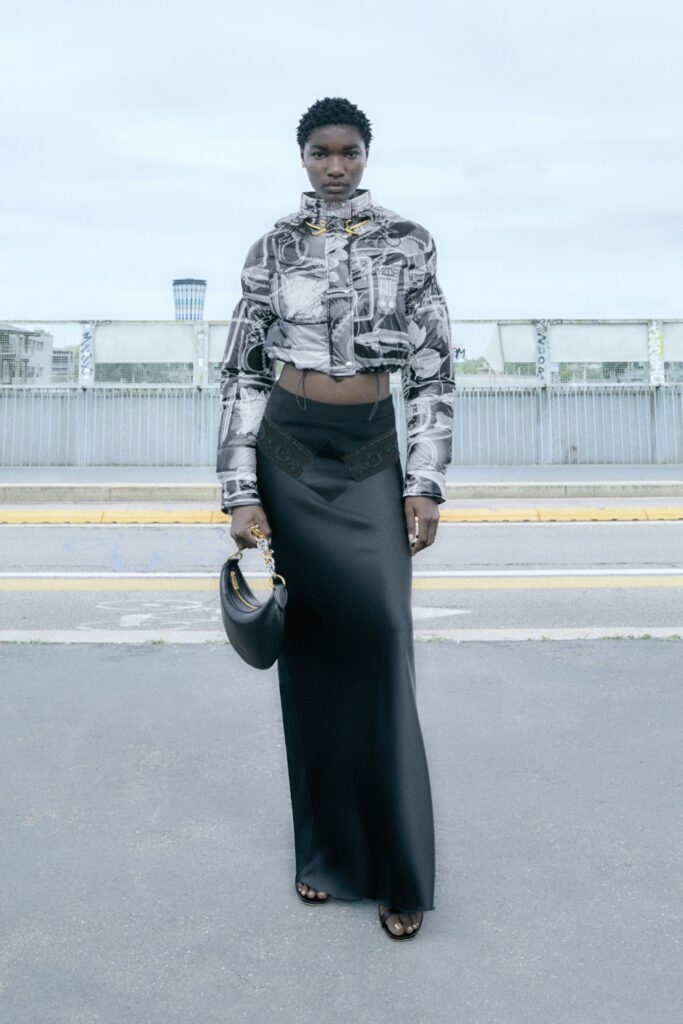 black and white printed jacket with silk skirt