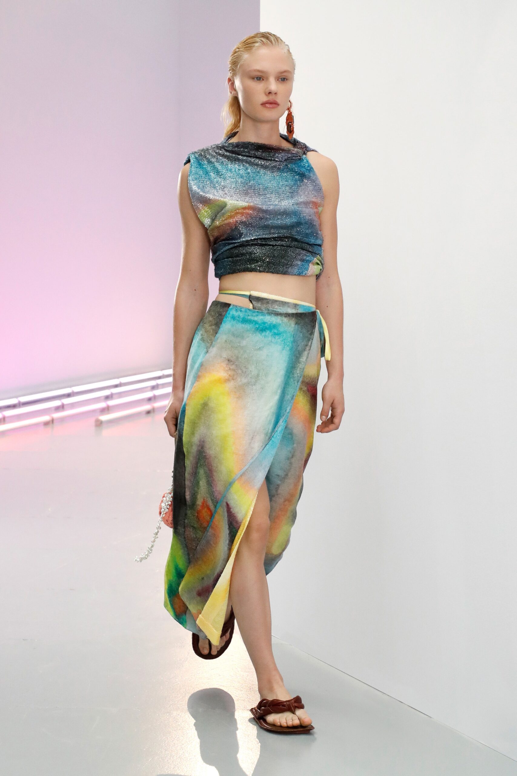 multi-colored silk top and skirt