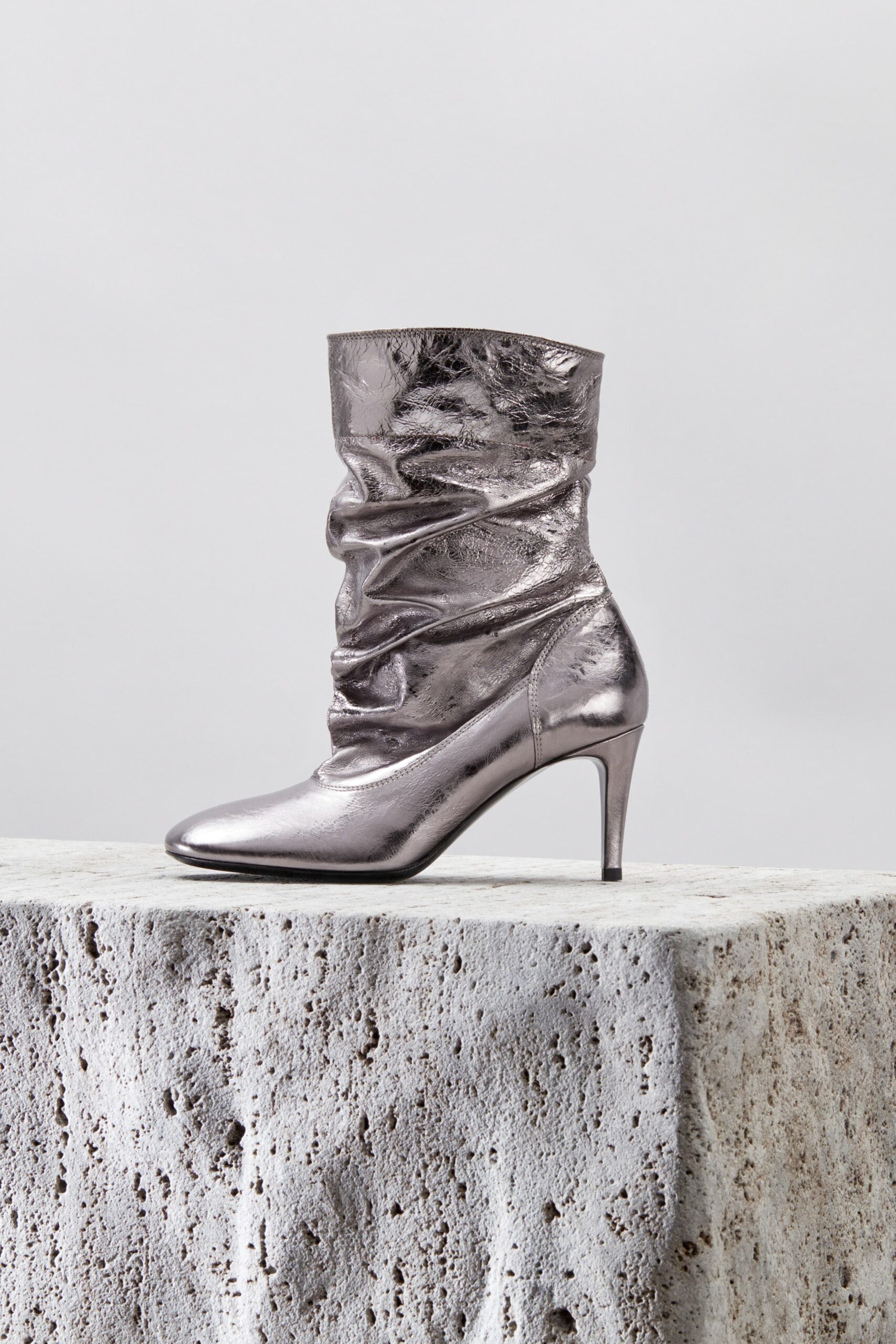 silver metallic ruched boots