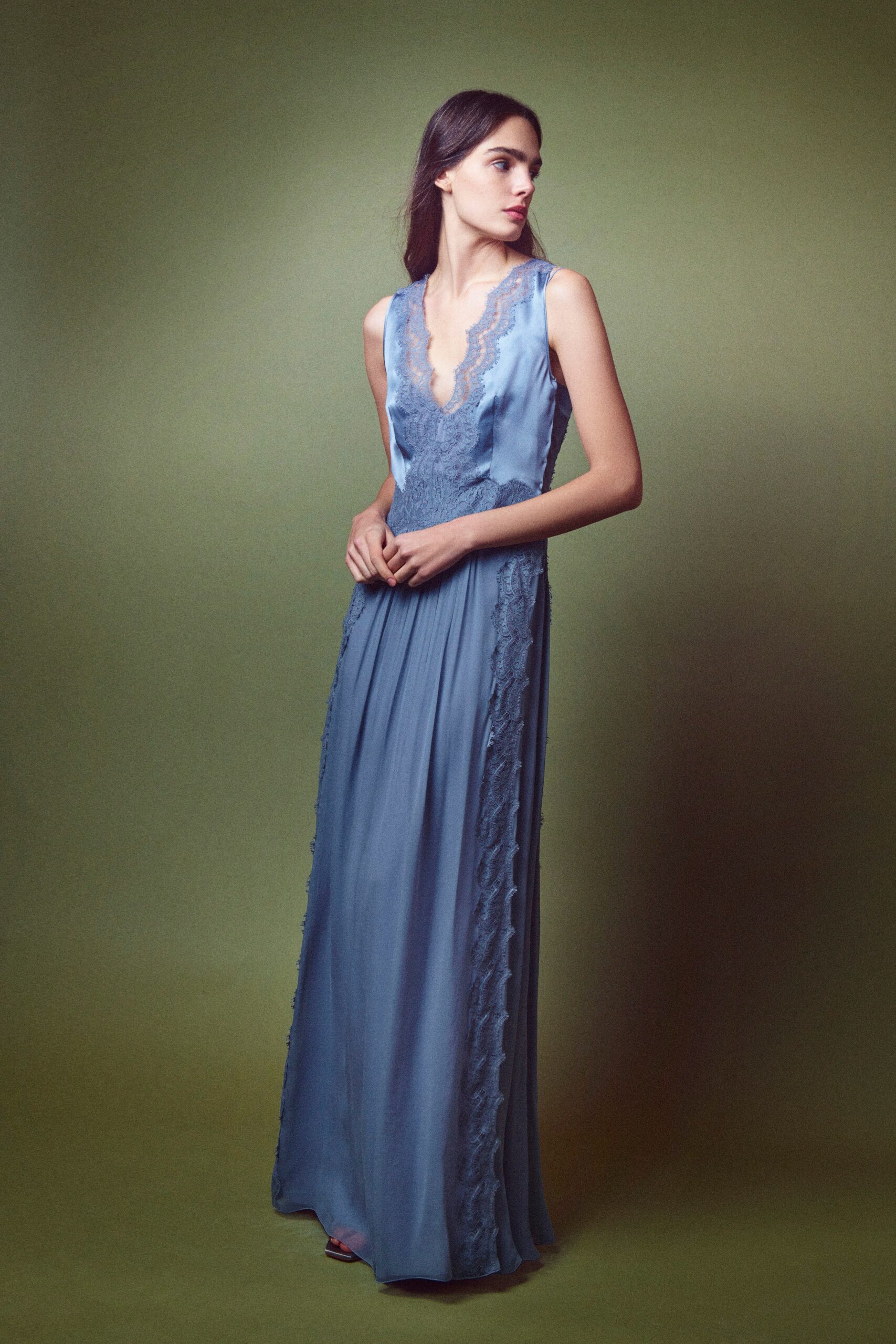 blue silk sleeveless gown