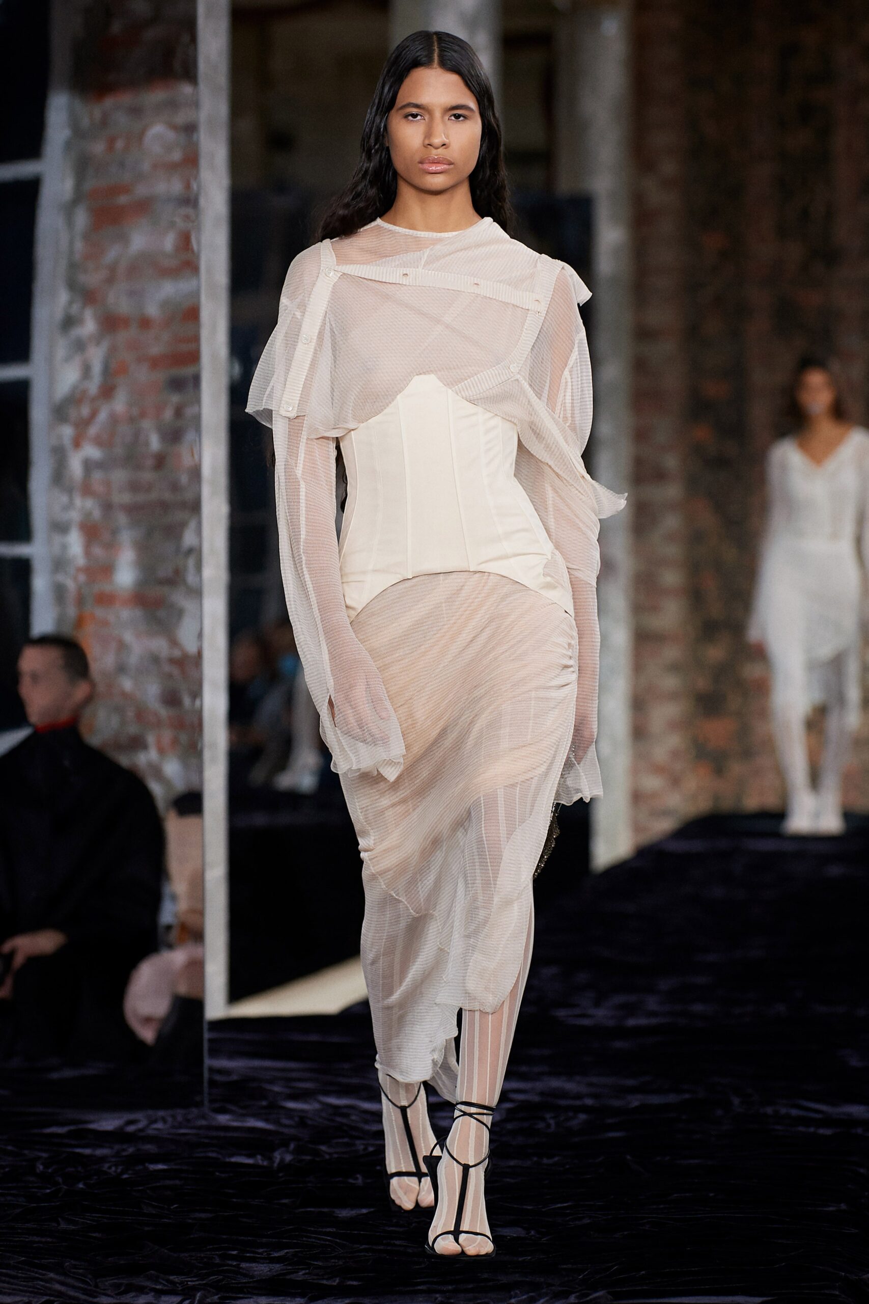 white draped midi dress with corset