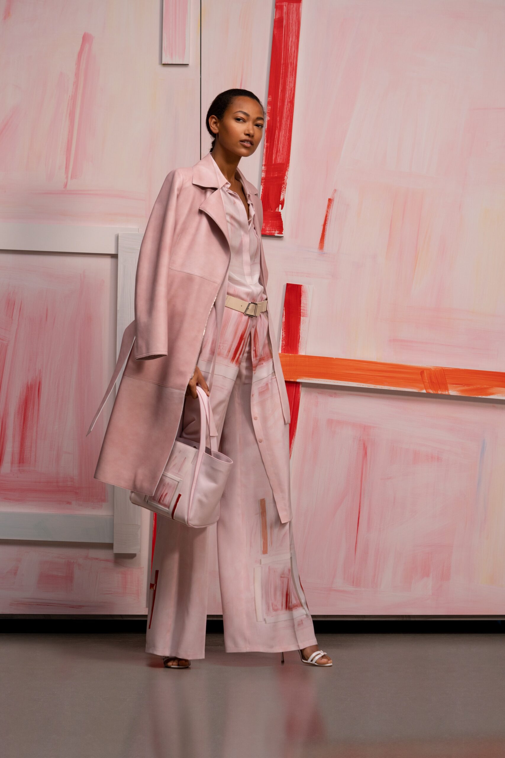 pink leather tailored wide-leg pants