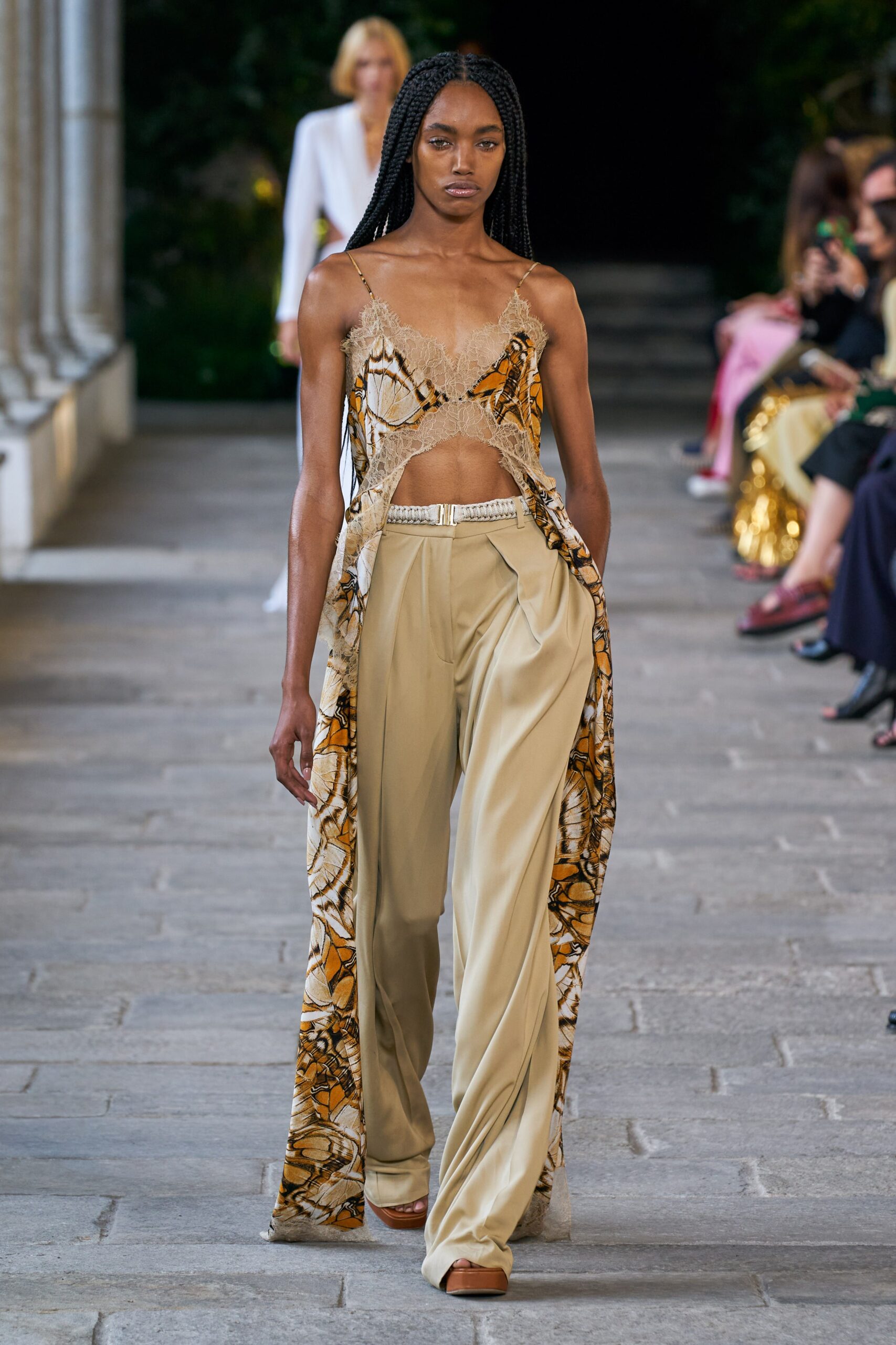 beige multi silk top and pants