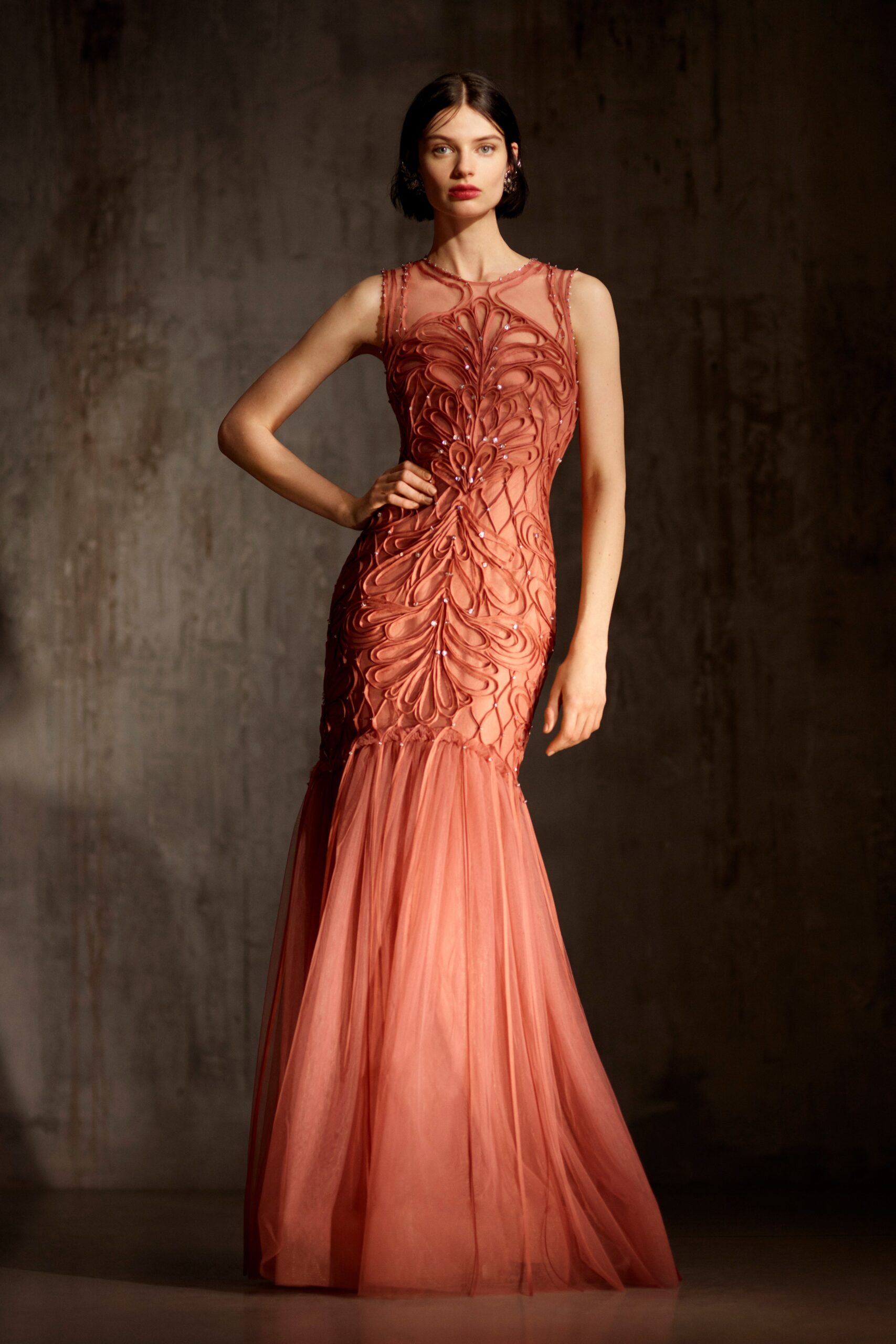 red pink embroidered gown