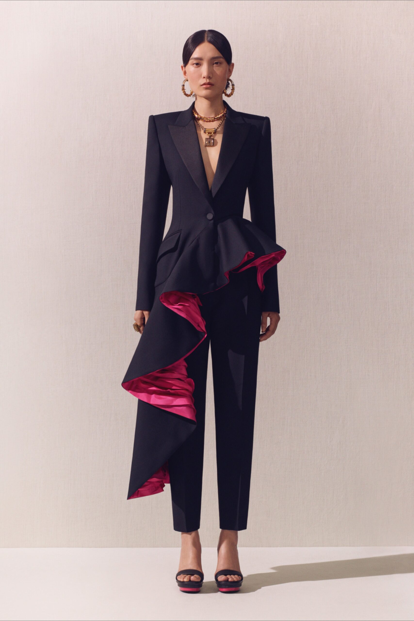 black silk long-sleeve v-neck fitted ruffled suit