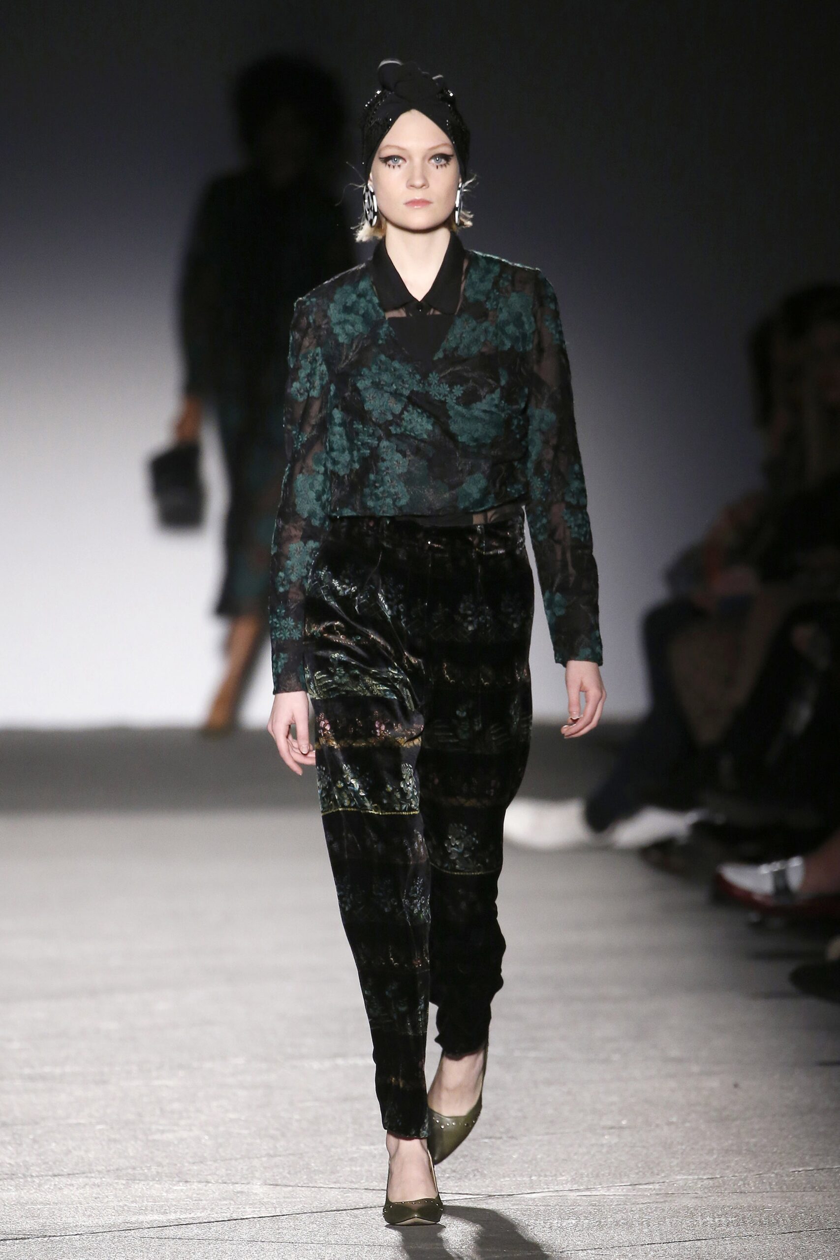 green silk long-sleeve collared fitted layered blouse