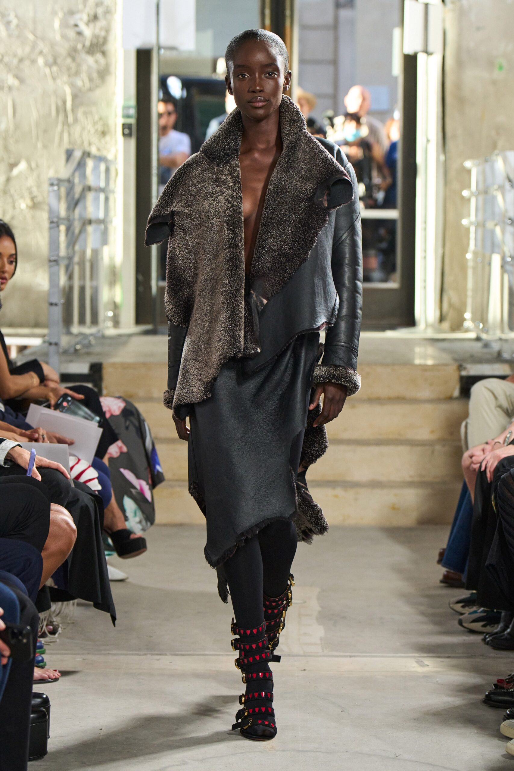 black leather coat and dress