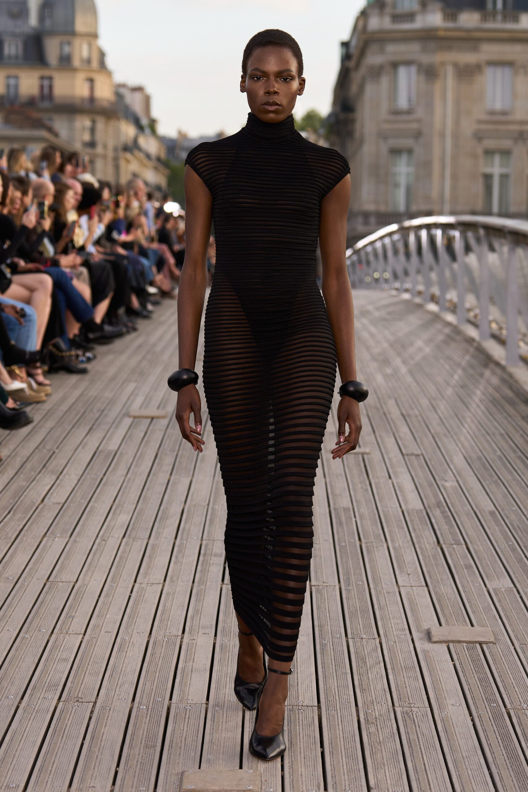 fitted black mesh dress