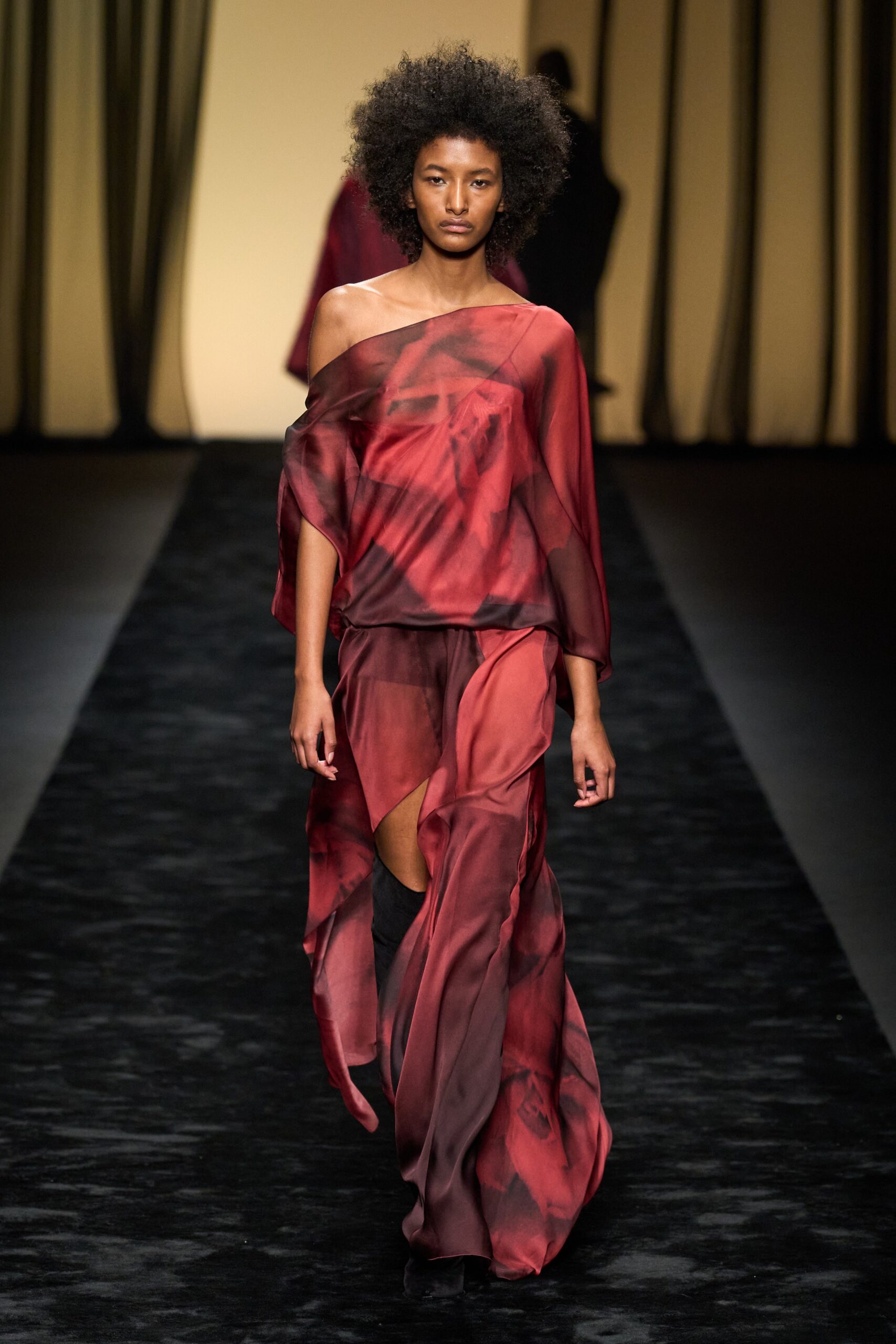 red and black flowing dress