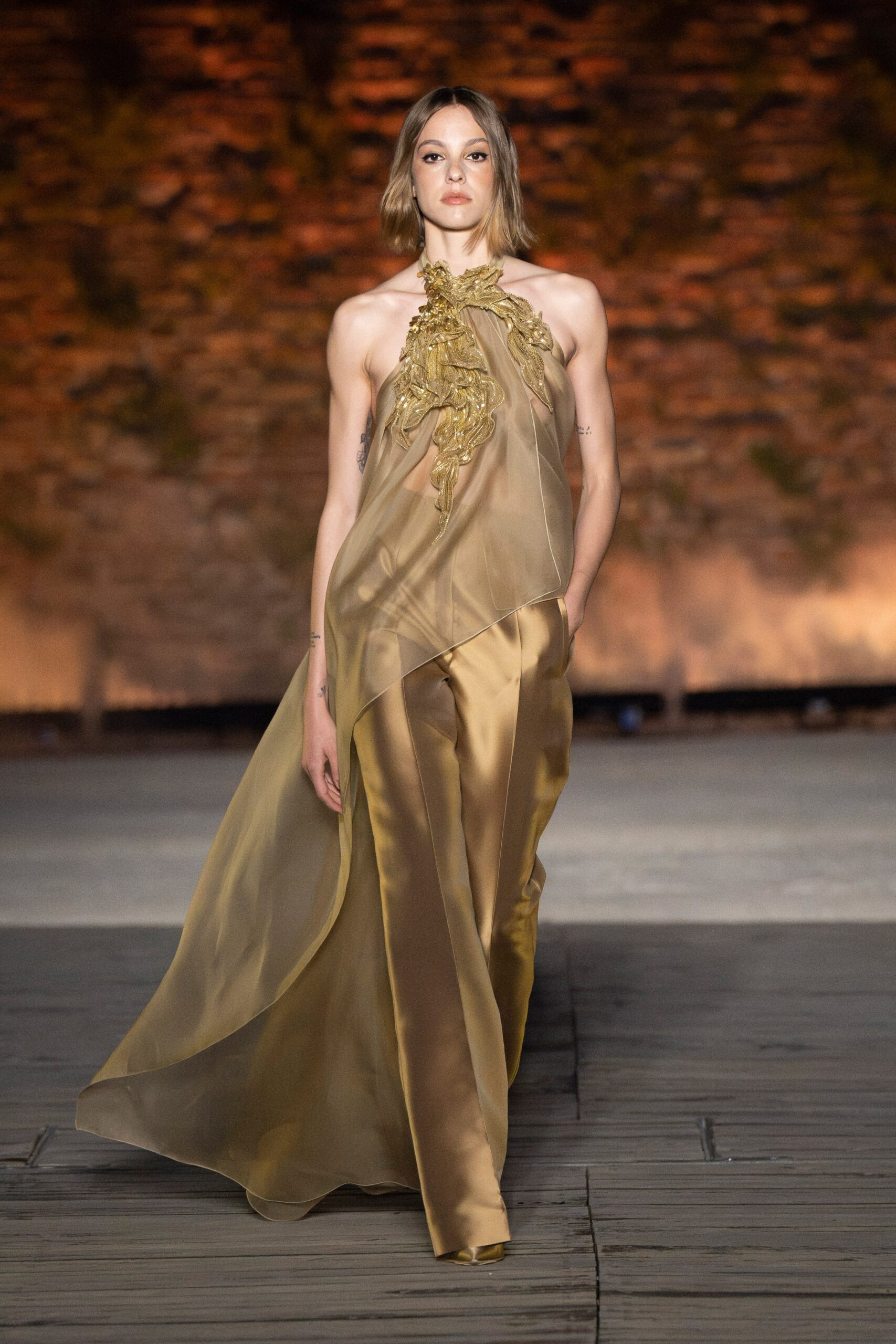 gold chiffon halter dress with wide-leg pants